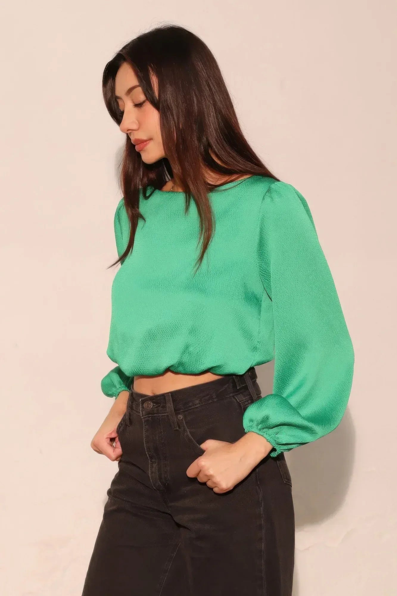 Hammered Satin Long Sleeve Crop Top | Mixtshop LLC