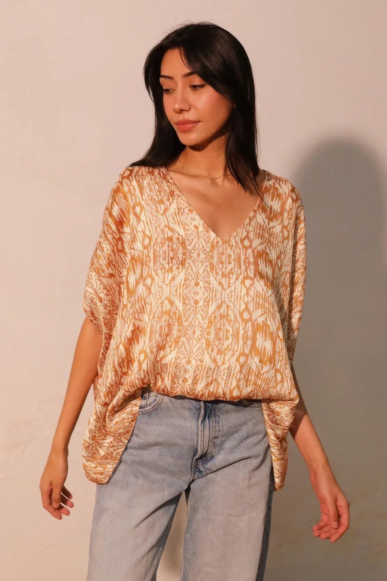 Bohemian Lurex Chiffon Caftan Top With Back Band | Mixtshop LLC