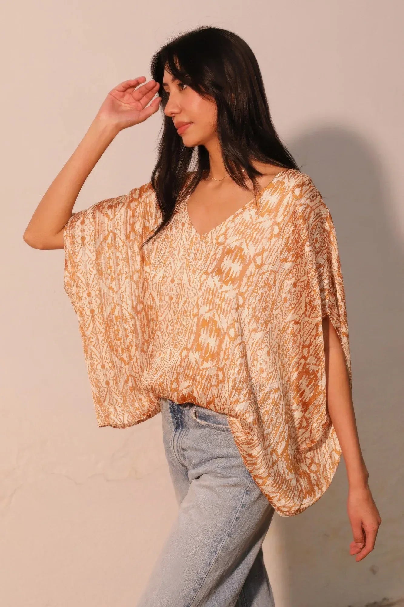 Bohemian Lurex Chiffon Caftan Top With Back Band | Mixtshop LLC