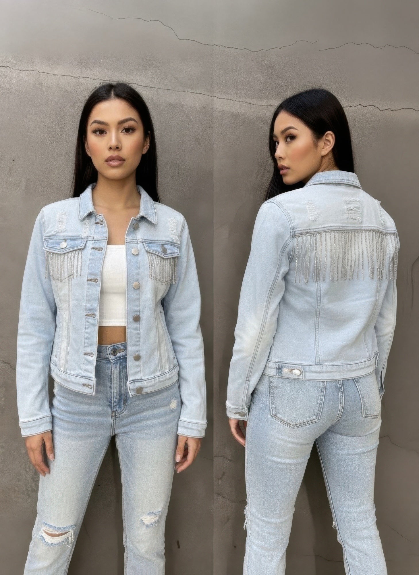 Distressed Jean Jacket With Rhinestone Fringe Secondary image