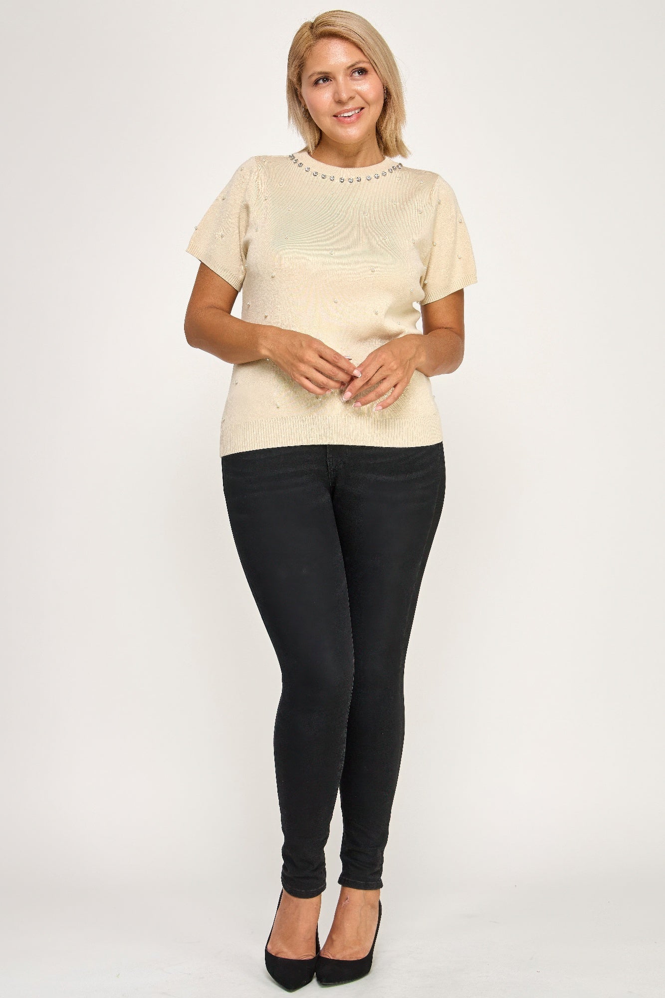 Plus Size Pearl & Rhinestone Knit Sweater Top Secondary image