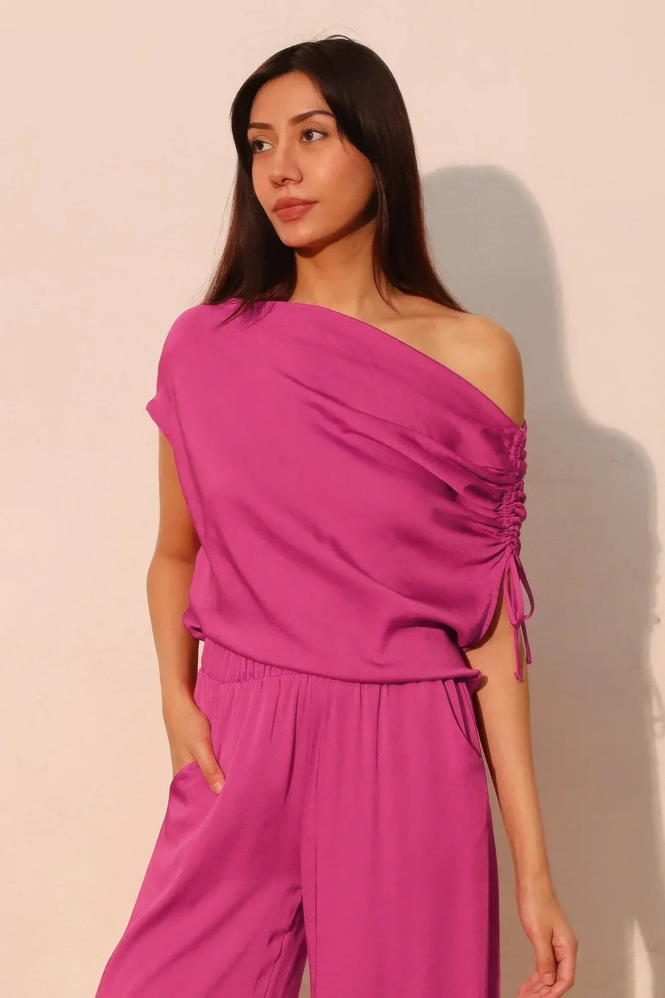 Washed Poly Silk Asymmetrical Drawstring Top | Mixtshop LLC Main image