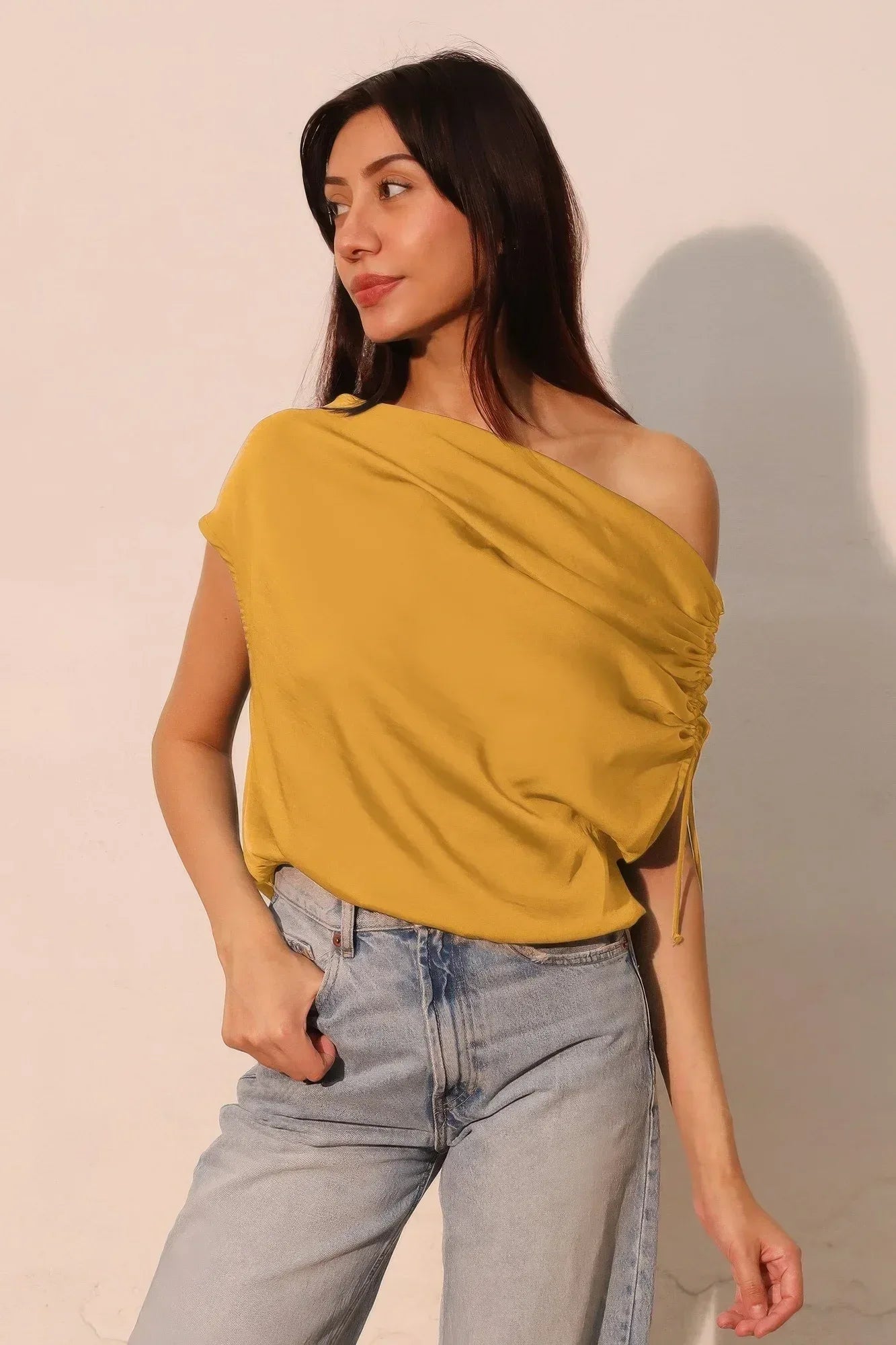 Washed Poly Silk Asymmetrical Drawstring Top | Mixtshop LLC Main image