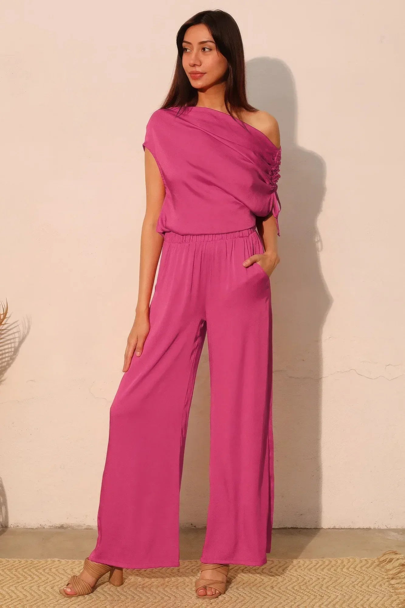 Washed Poly Silk Asymmetrical Drawstring Top | Mixtshop LLC