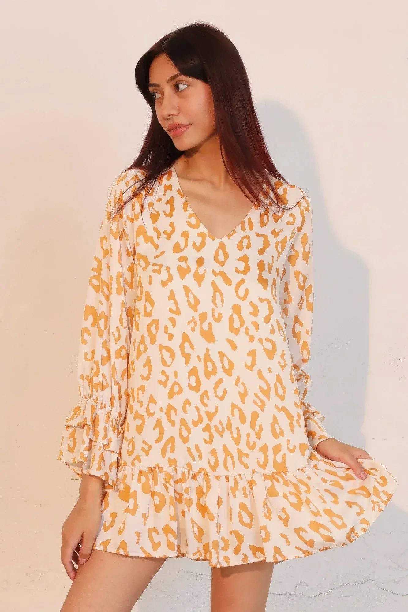 Simple Leopard Dress With Ruffle Cuff | Mixtshop LLC