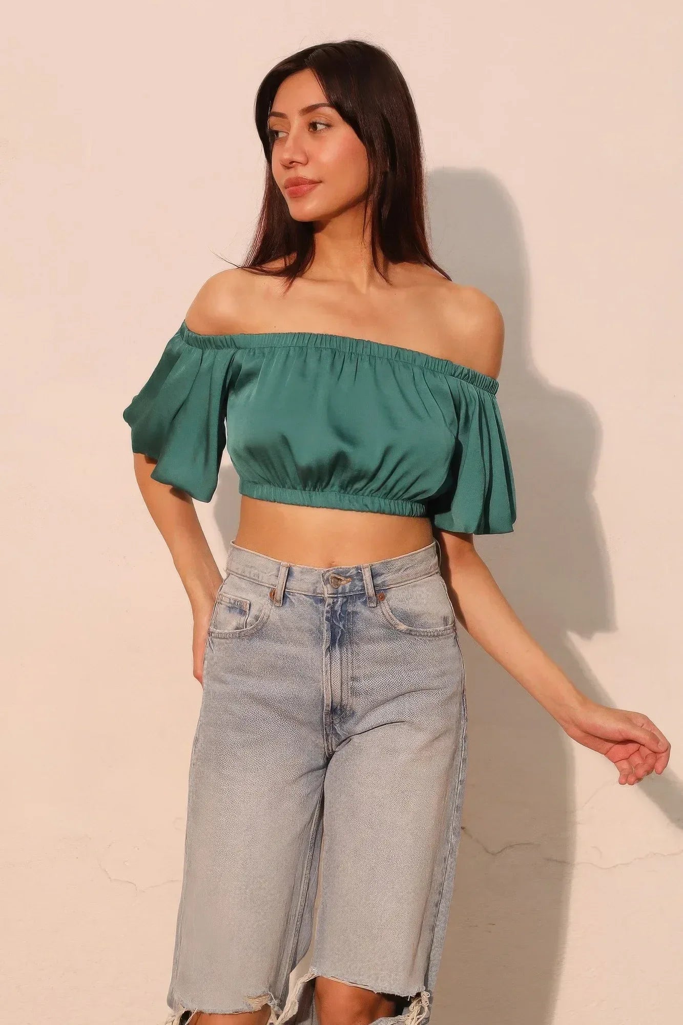 Washed Poly Silk Bubble Sleeve Crop Top | Mixtshop LLC