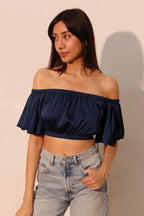 Washed Poly Silk Bubble Sleeve Crop Top | Mixtshop LLC