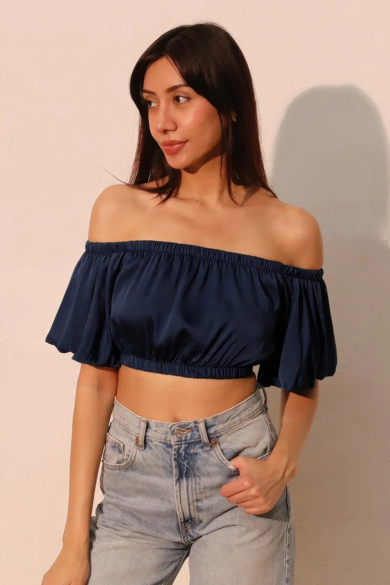 Washed Poly Silk Bubble Sleeve Crop Top | Mixtshop LLC