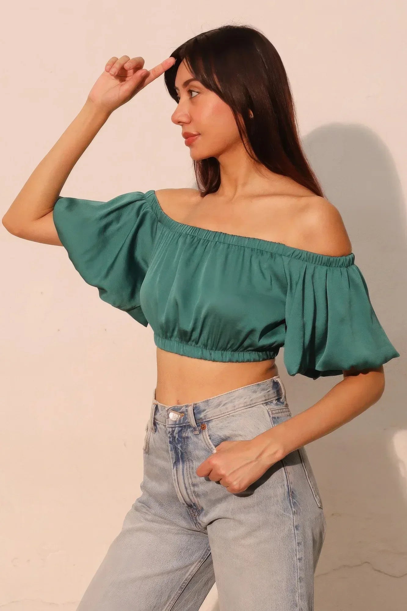 Washed Poly Silk Bubble Sleeve Crop Top | Mixtshop LLC