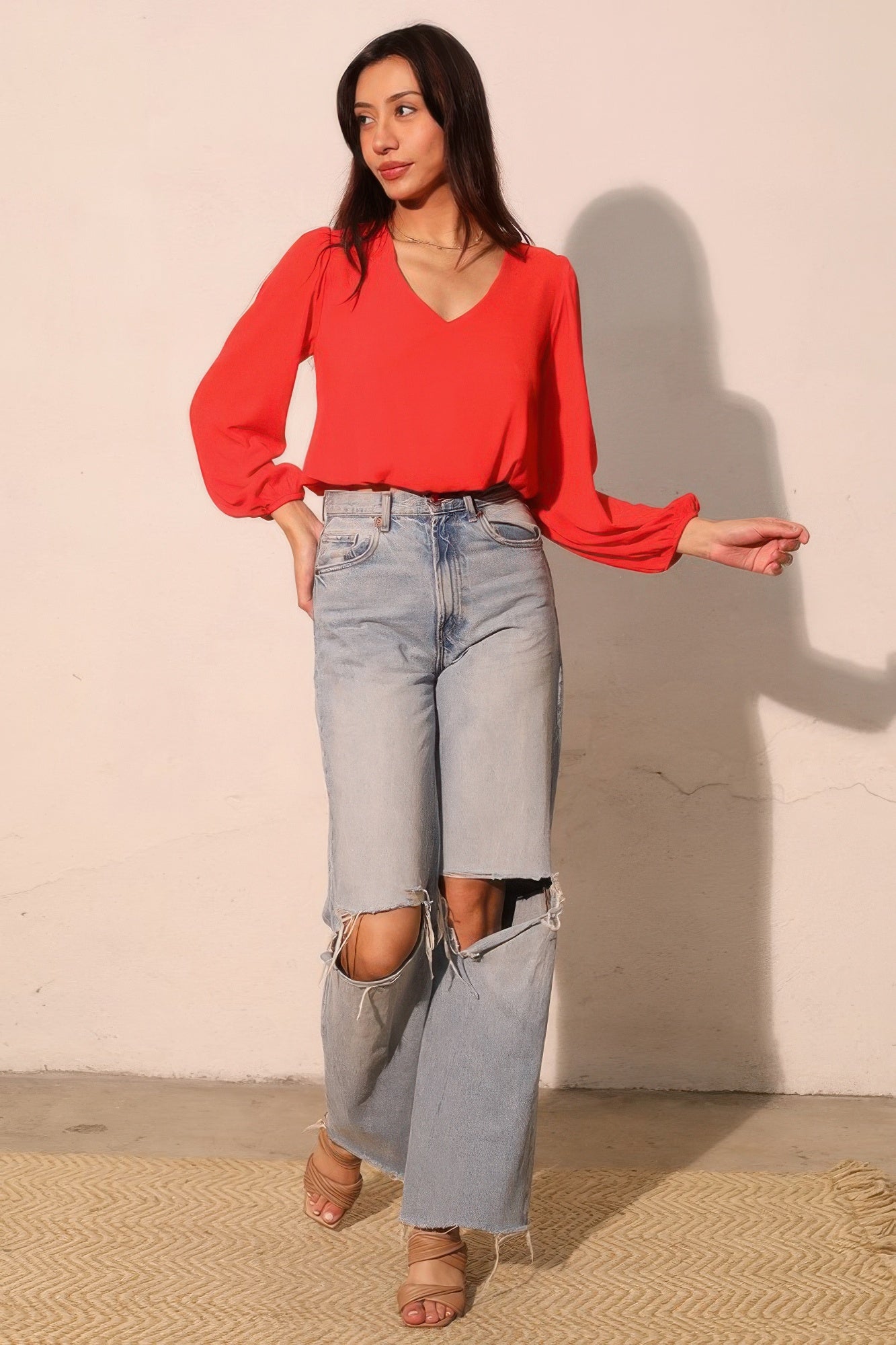 Textured Solid Long Sleeve Crop Top Secondary image