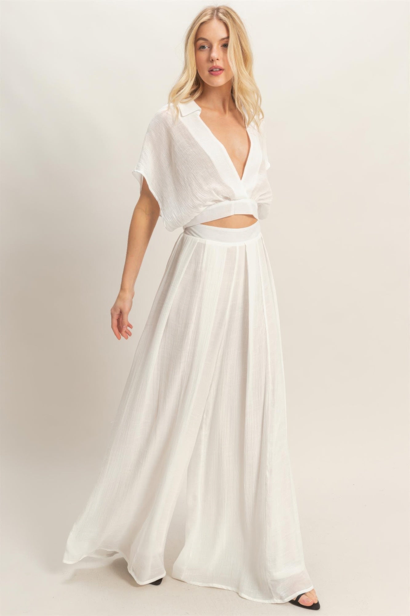 Collared Wrap Top & Wide-leg Pants Set Secondary image