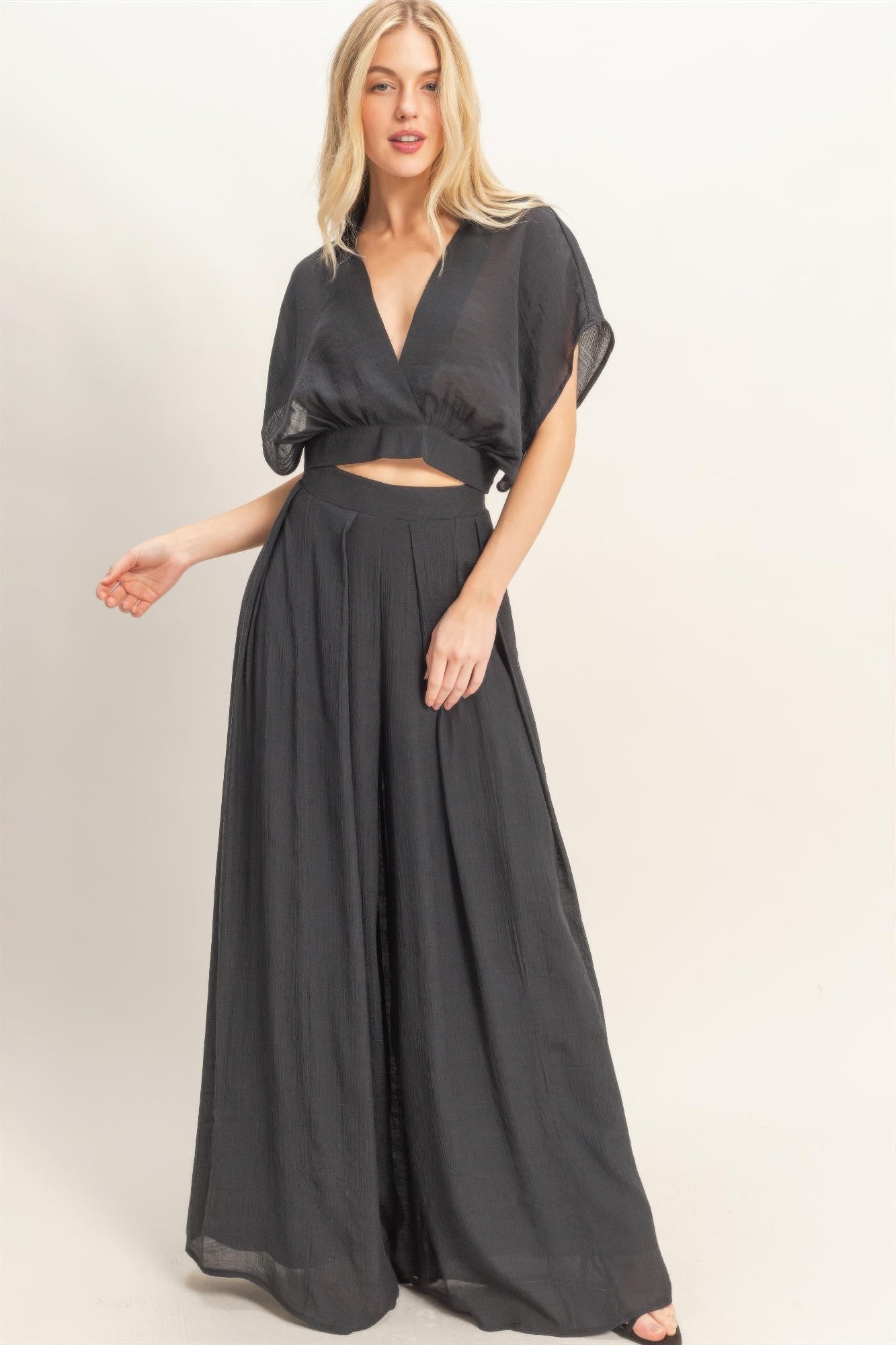 Collared Wrap Top & Wide-leg Pants Set Secondary image