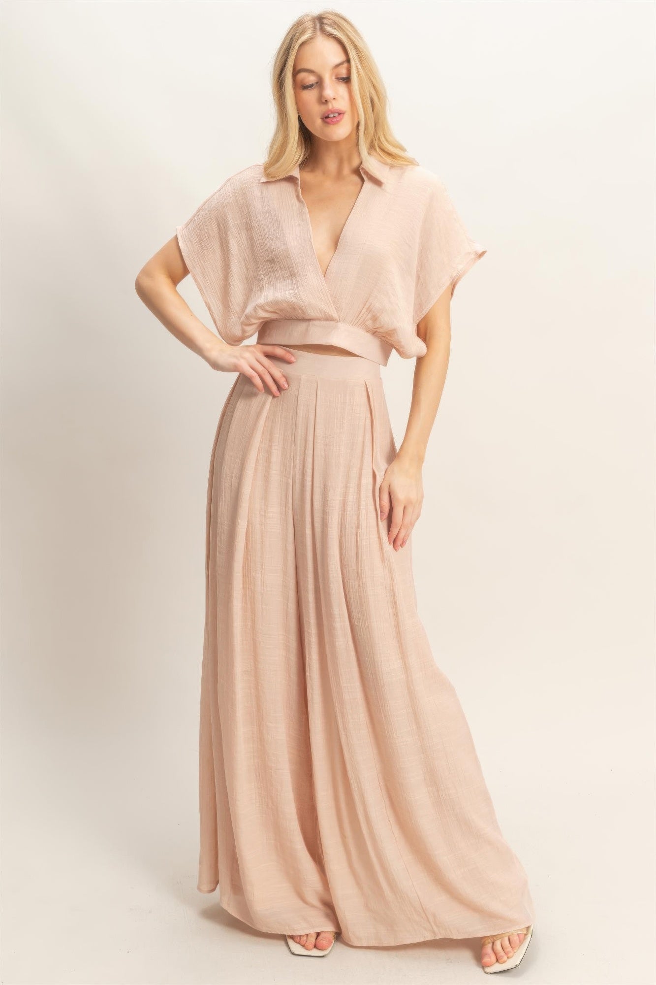 Collared Wrap Top & Wide-leg Pants Set Secondary image