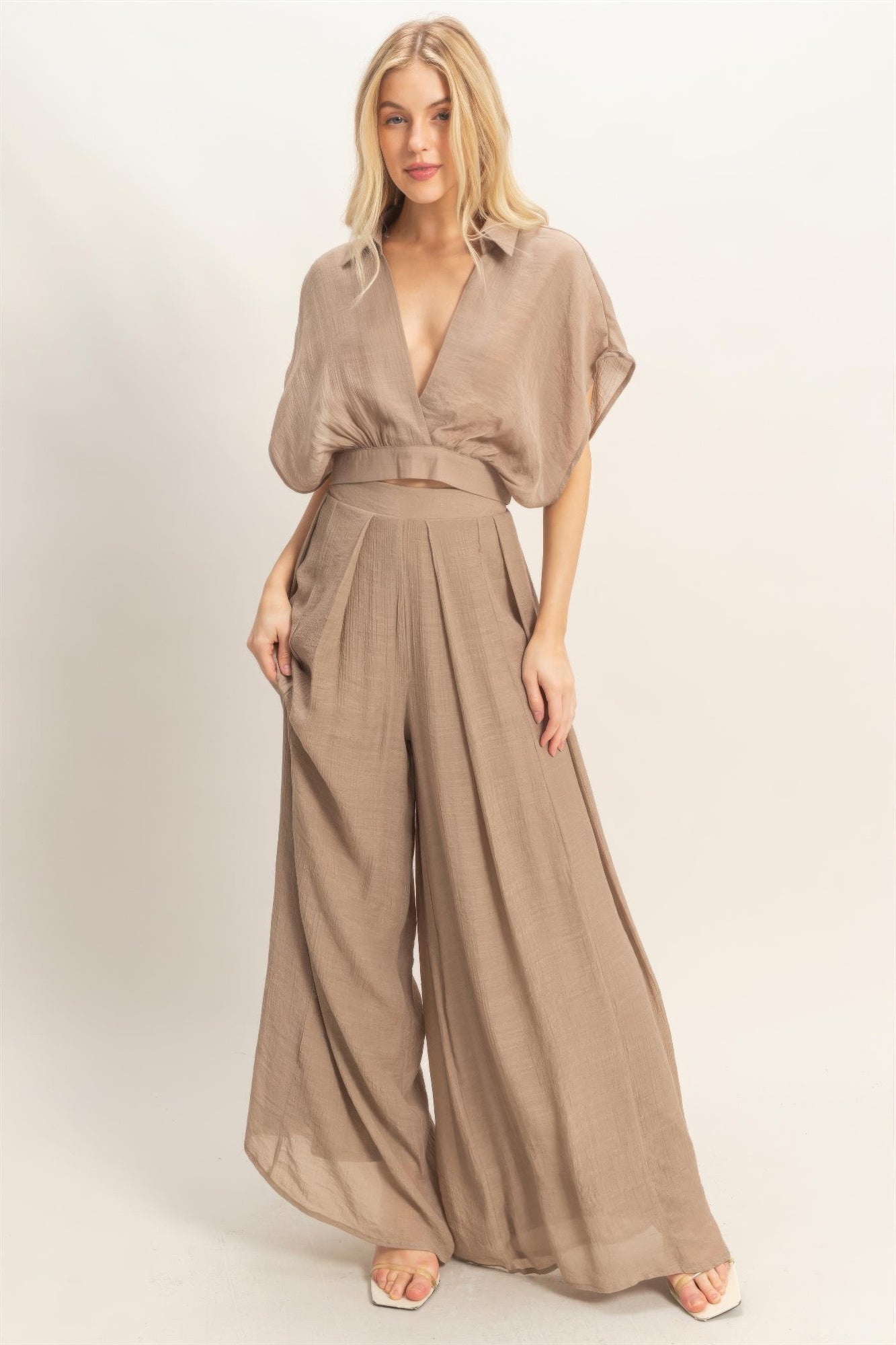 Collared Wrap Top & Wide-leg Pants Set Secondary image