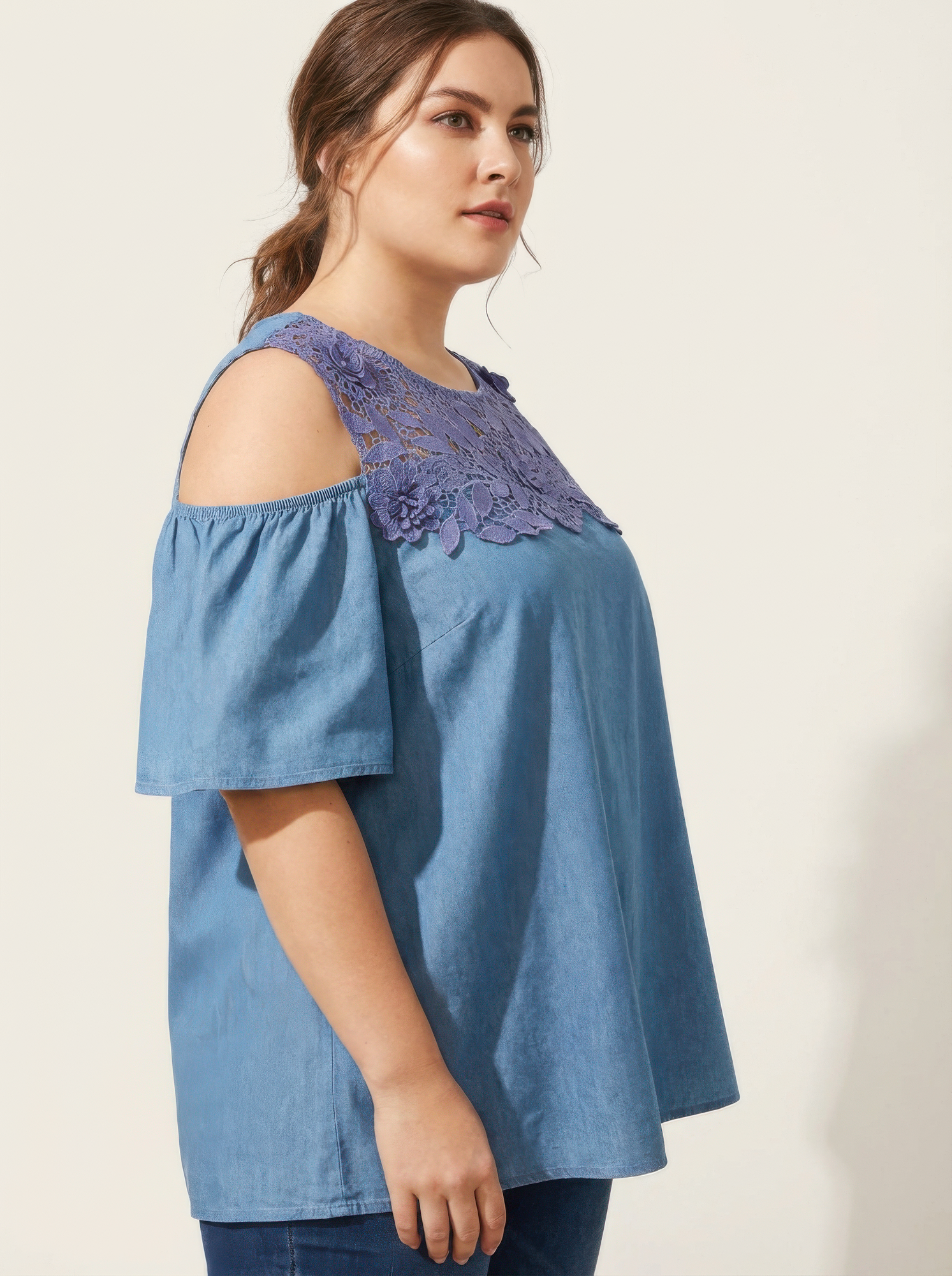 Lace Yoke Cold-shoulder Chambray Blouse Secondary image