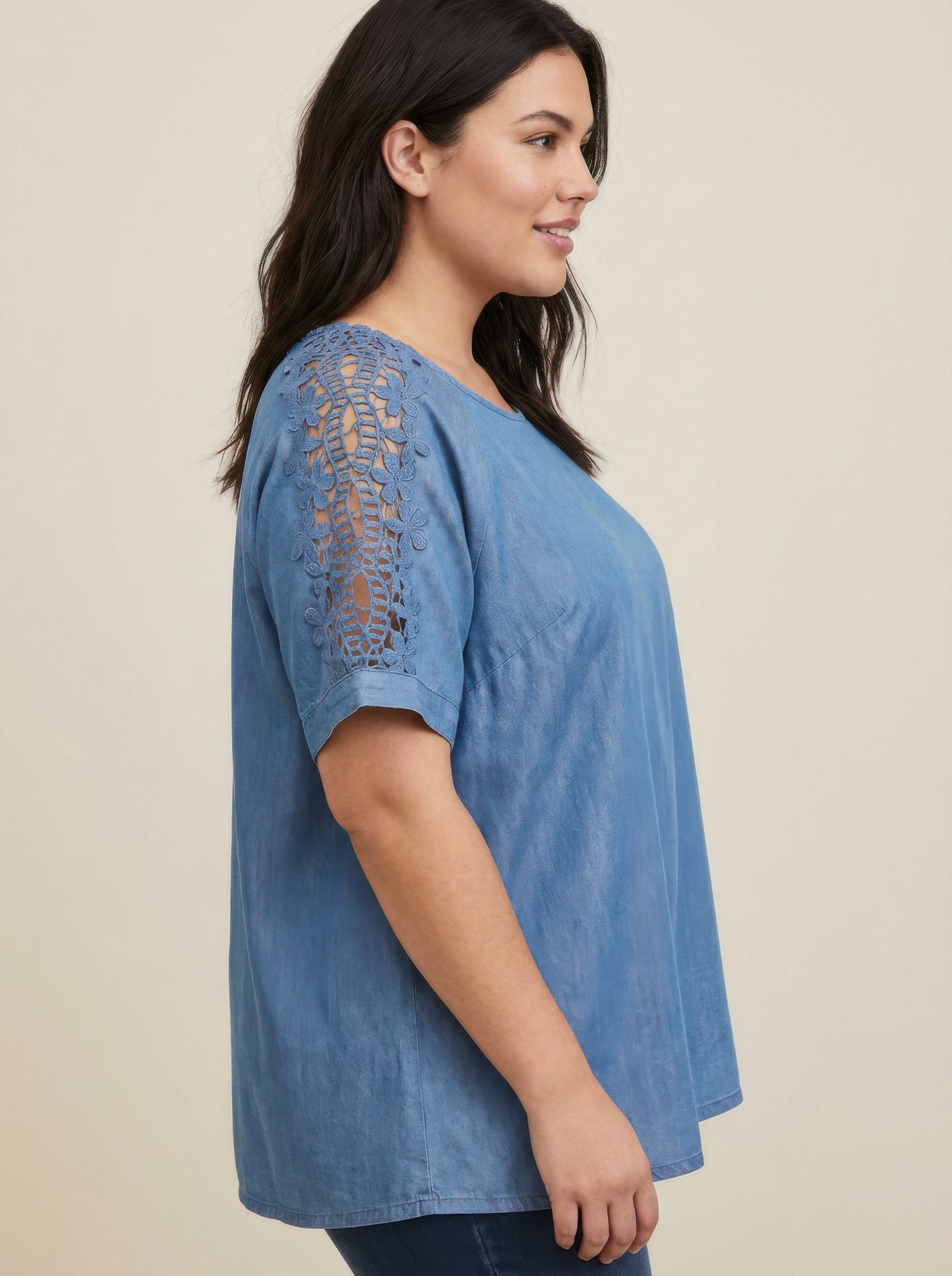 Lace Sleeve Chambray-inspired Knit Top Secondary image