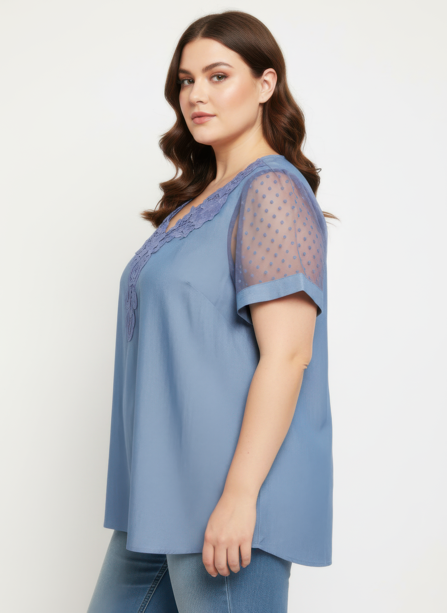 Embroidered V-neck Mesh Sleeve Knit Top Secondary image