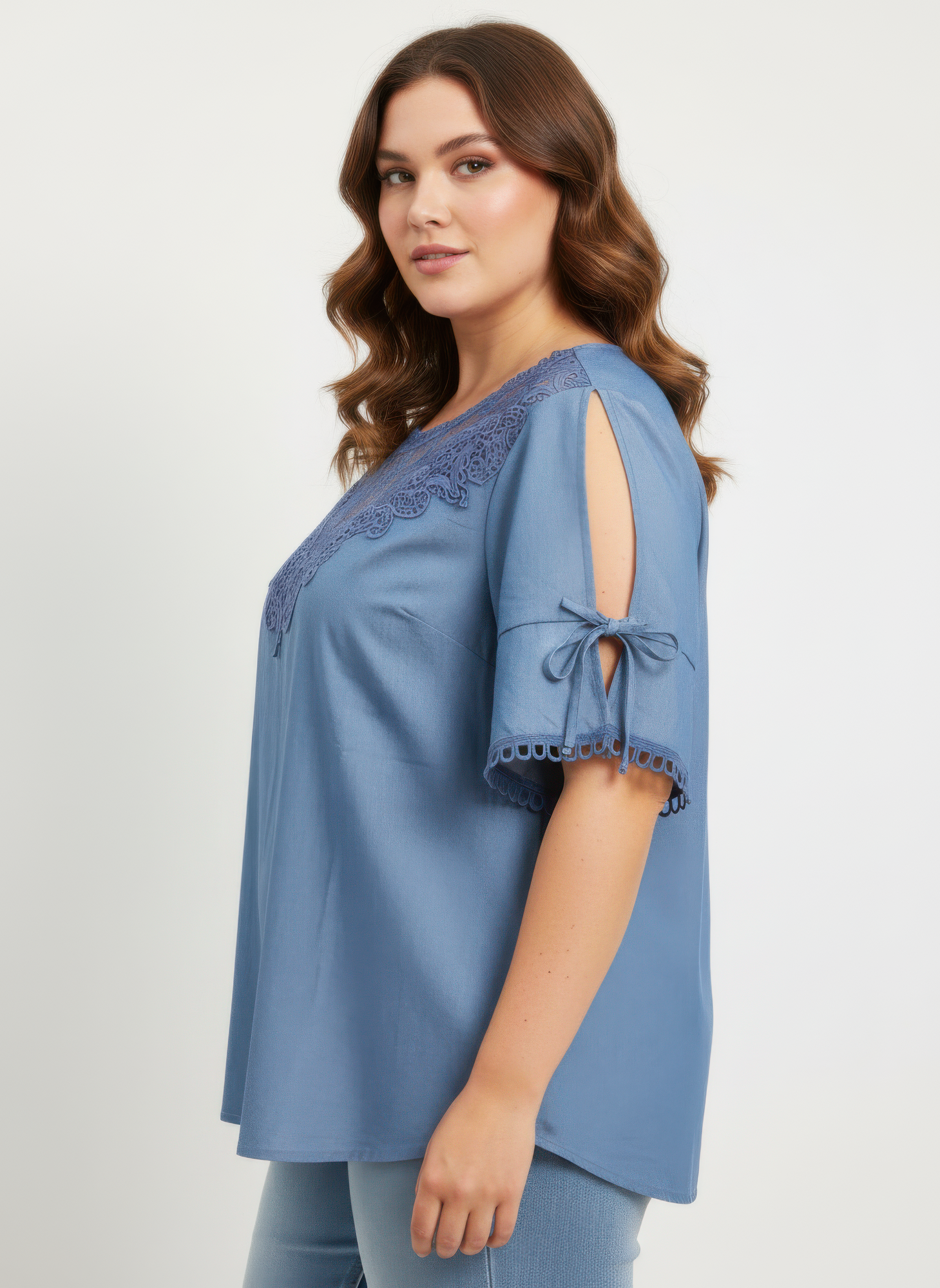 Lace Yoke Cold-shoulder Tie Sleeve Knit Top Secondary image