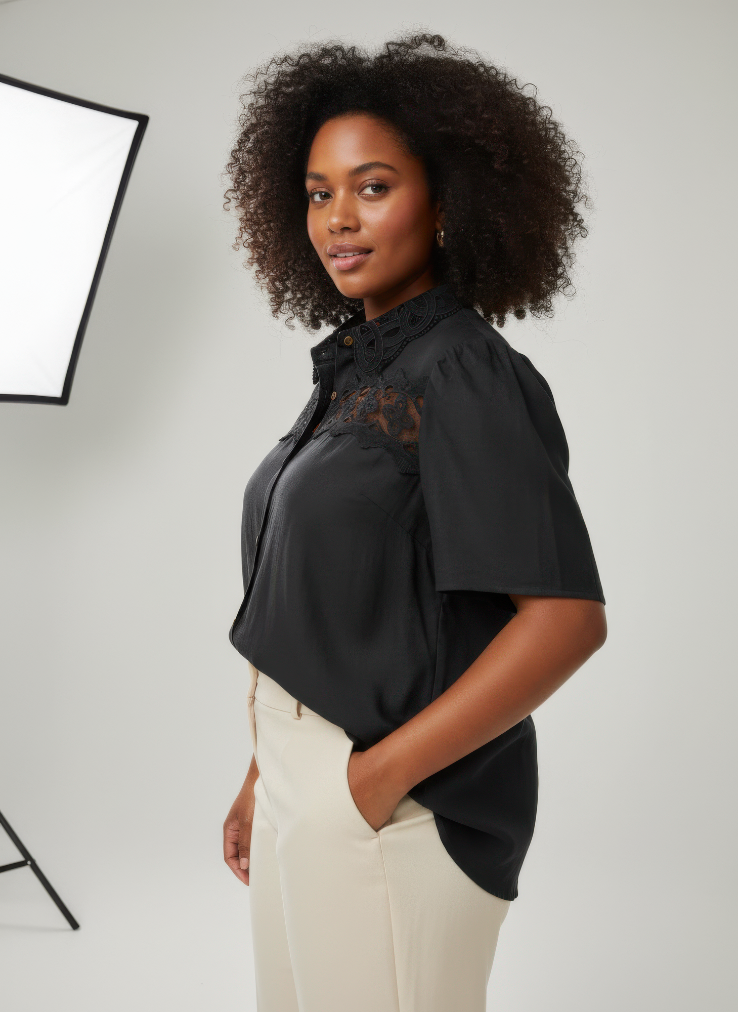 Lace Panel Button-front Collared Blouse Secondary image