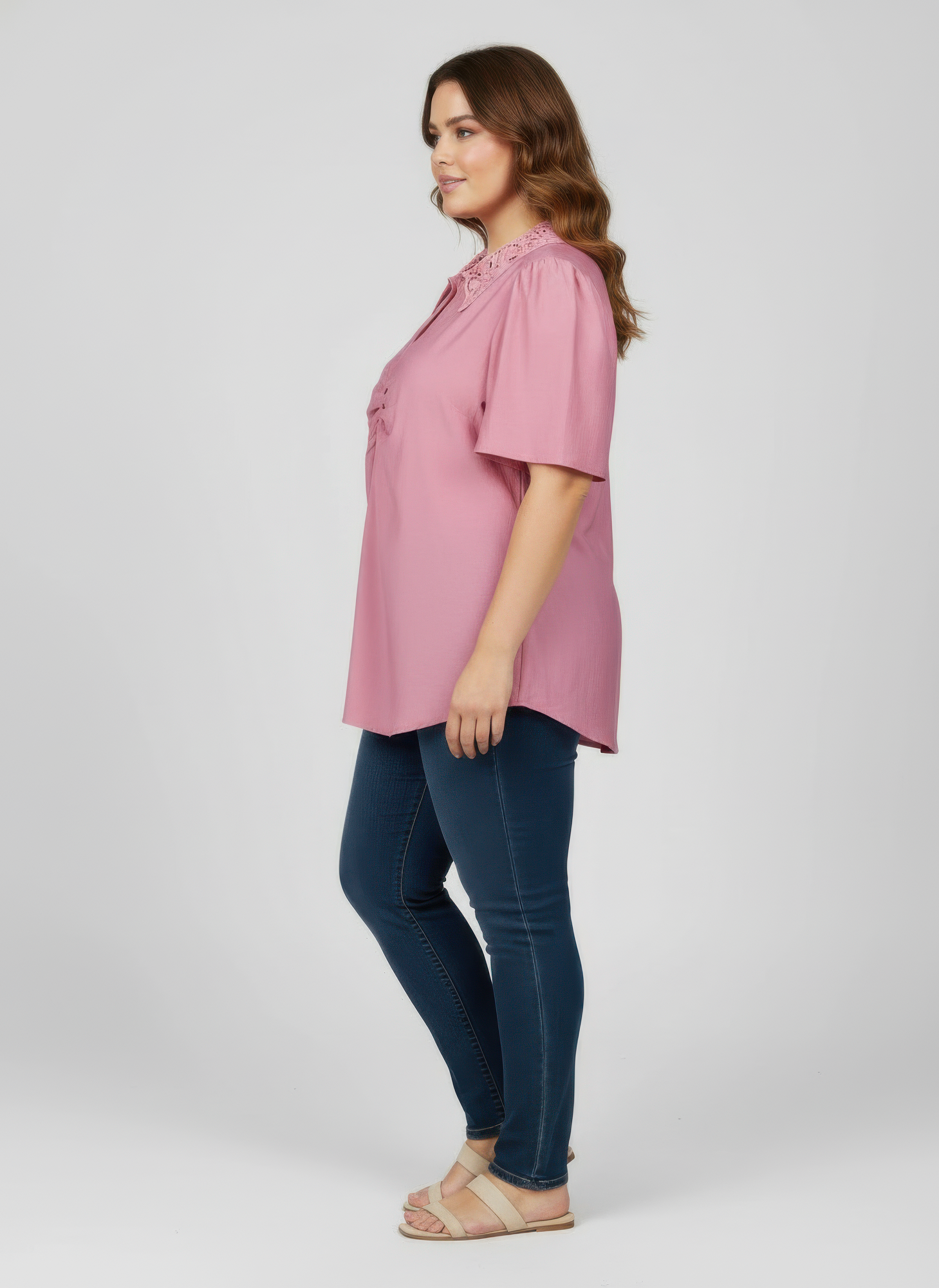 Lace Collar Button Detail Flutter Sleeve Top Secondary image
