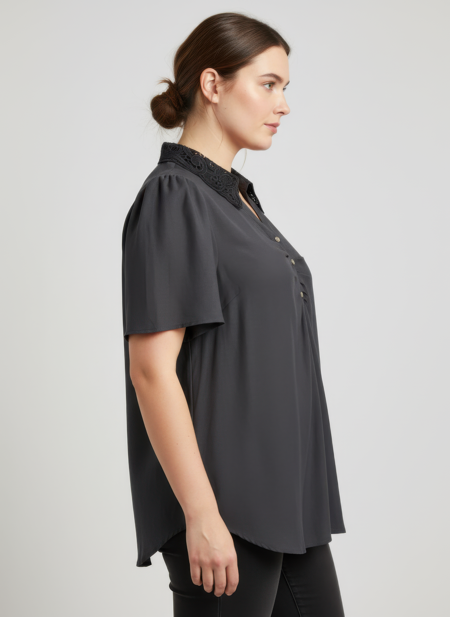 Lace Collar Button Detail Flutter Sleeve Top Secondary image