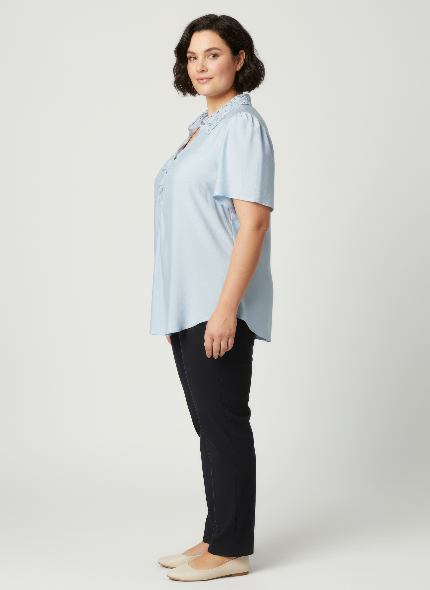 Lace Collar Button Detail Flutter Sleeve Top Secondary image