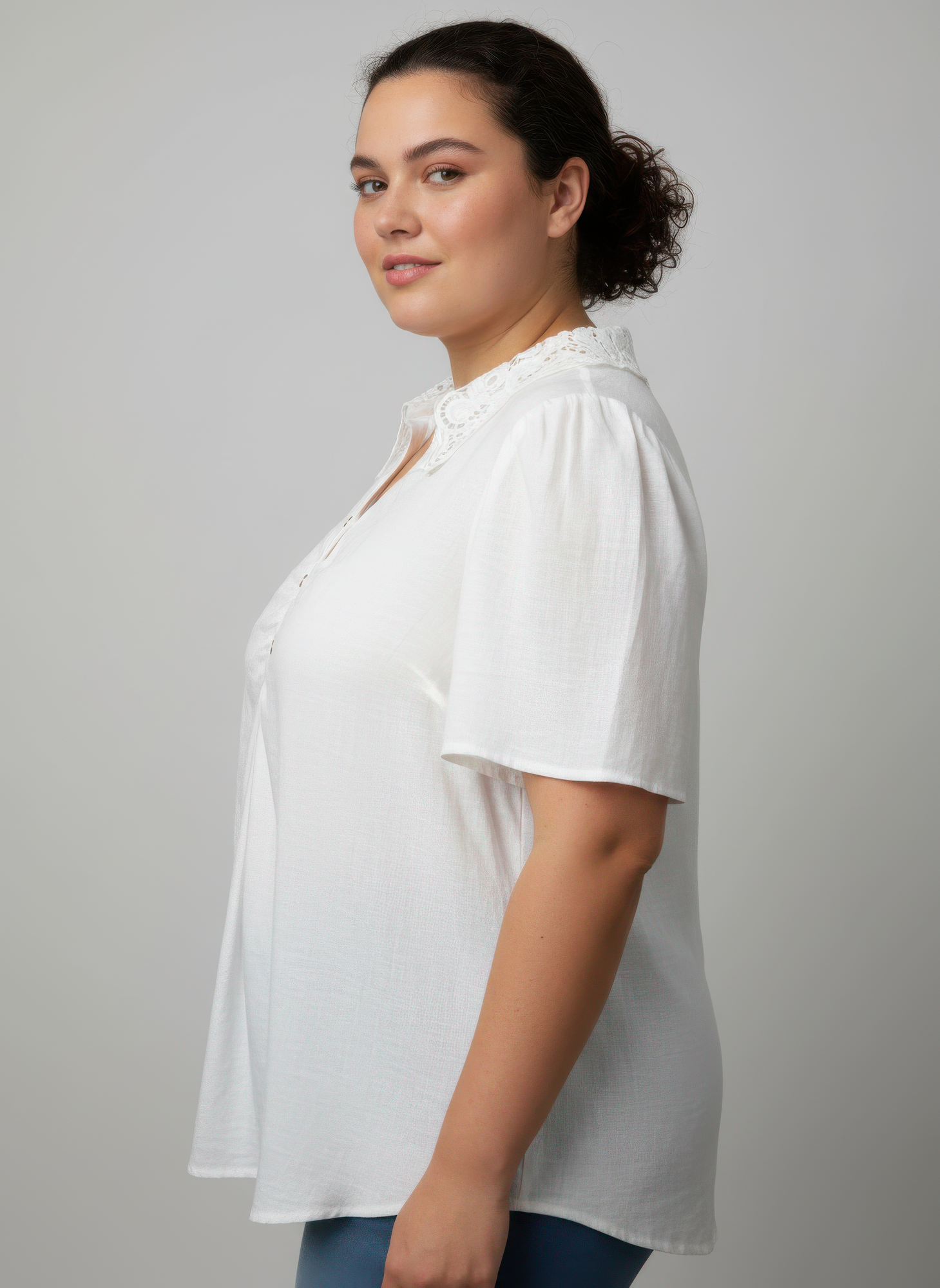 Lace Collar Button Detail Flutter Sleeve Top Secondary image