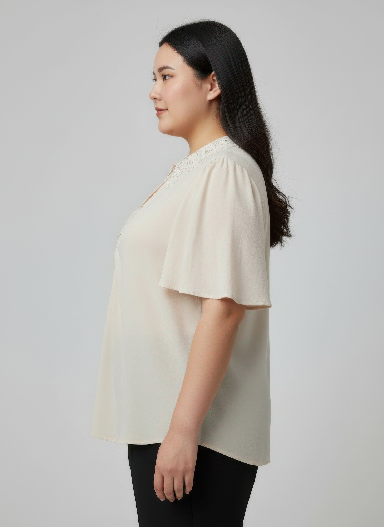 Lace Collar Button Detail Flutter Sleeve Top Secondary image