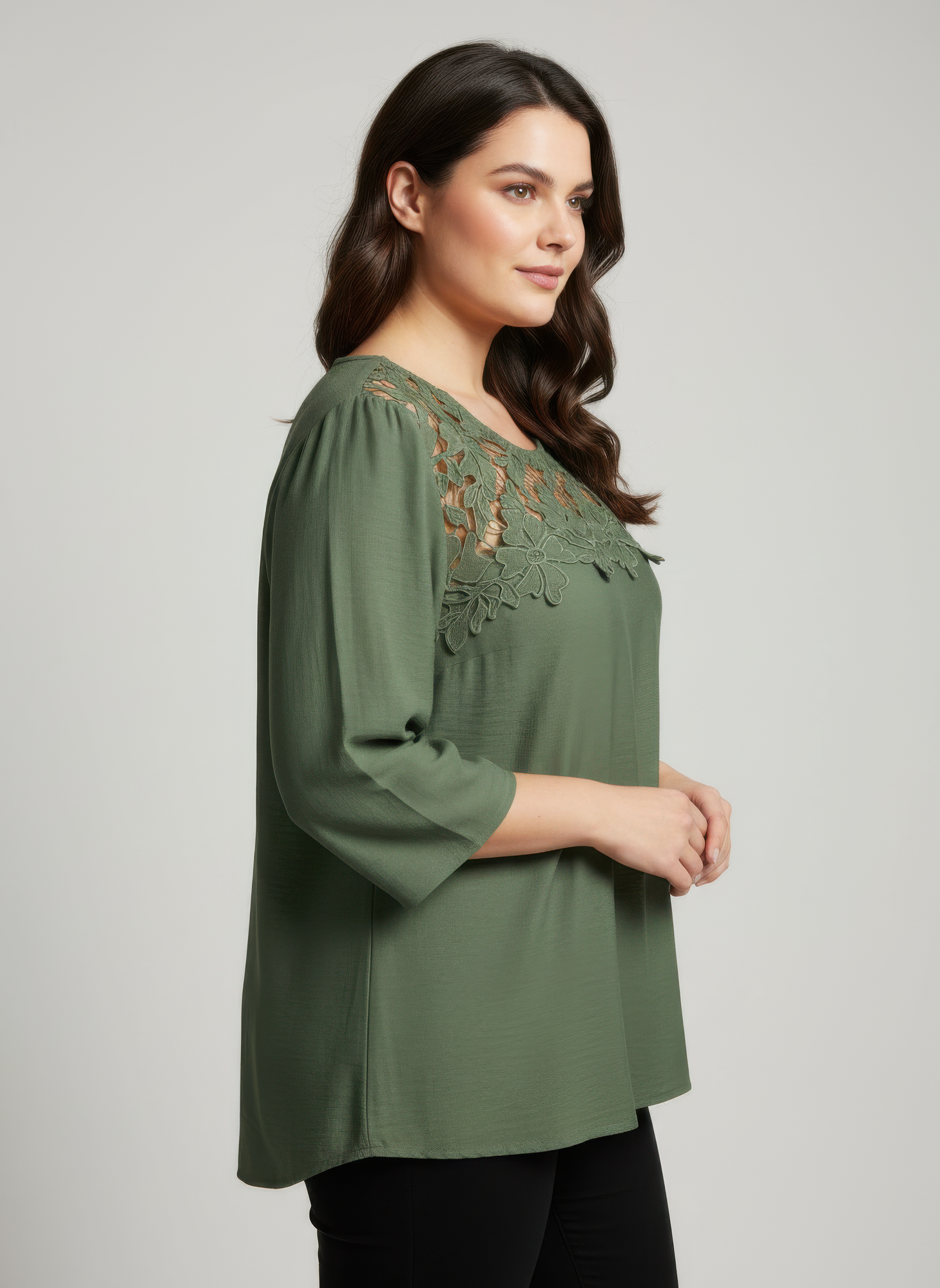 Lace Yoke Three-quarter Sleeve Knit Top Secondary image