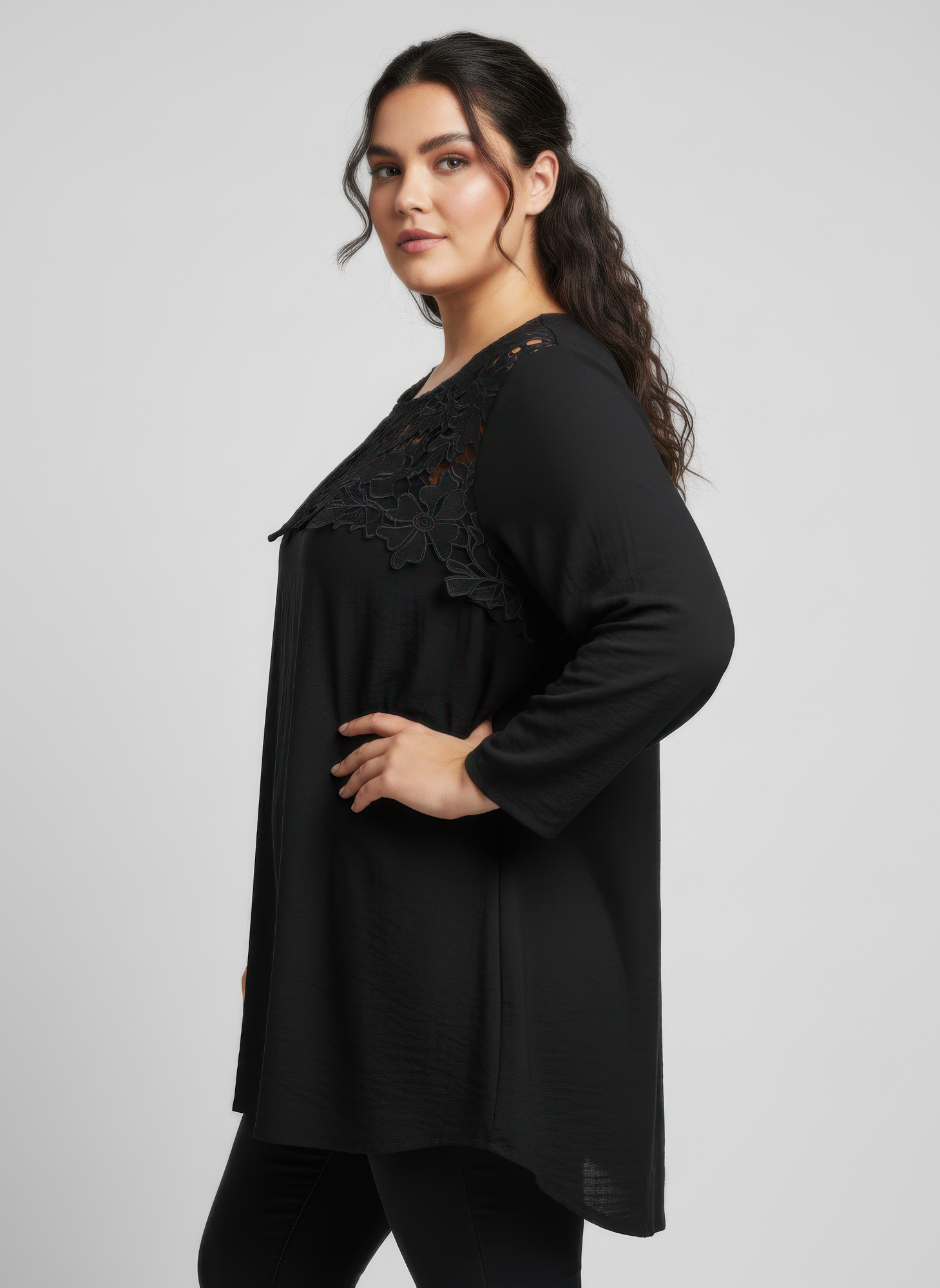 Lace Yoke Three-quarter Sleeve Knit Top Secondary image