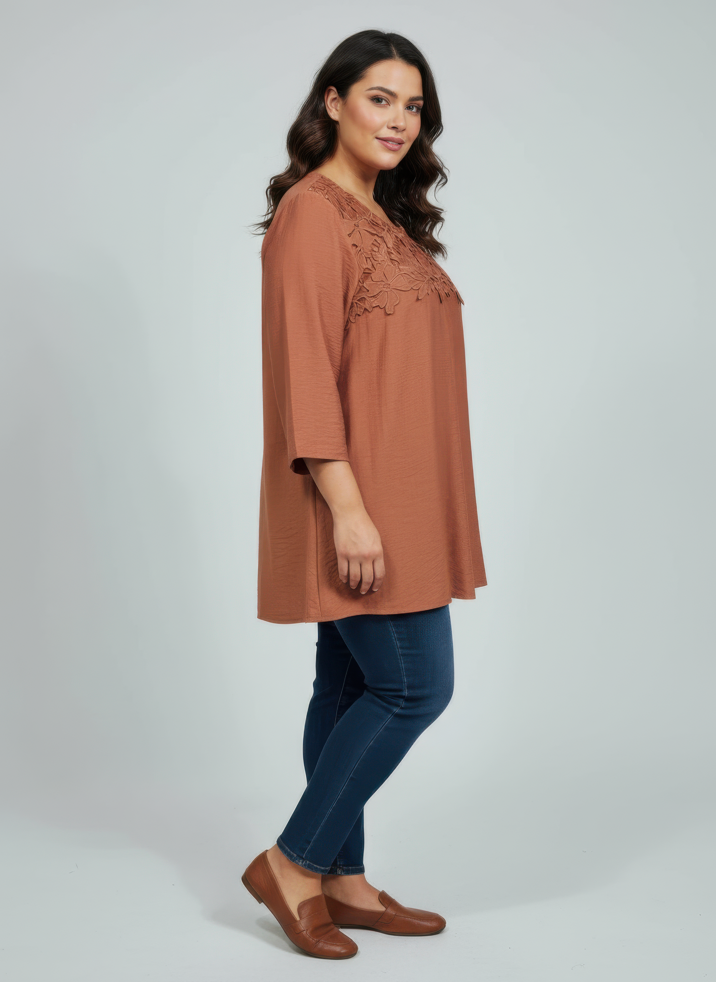 Lace Yoke Three-quarter Sleeve Knit Top Secondary image