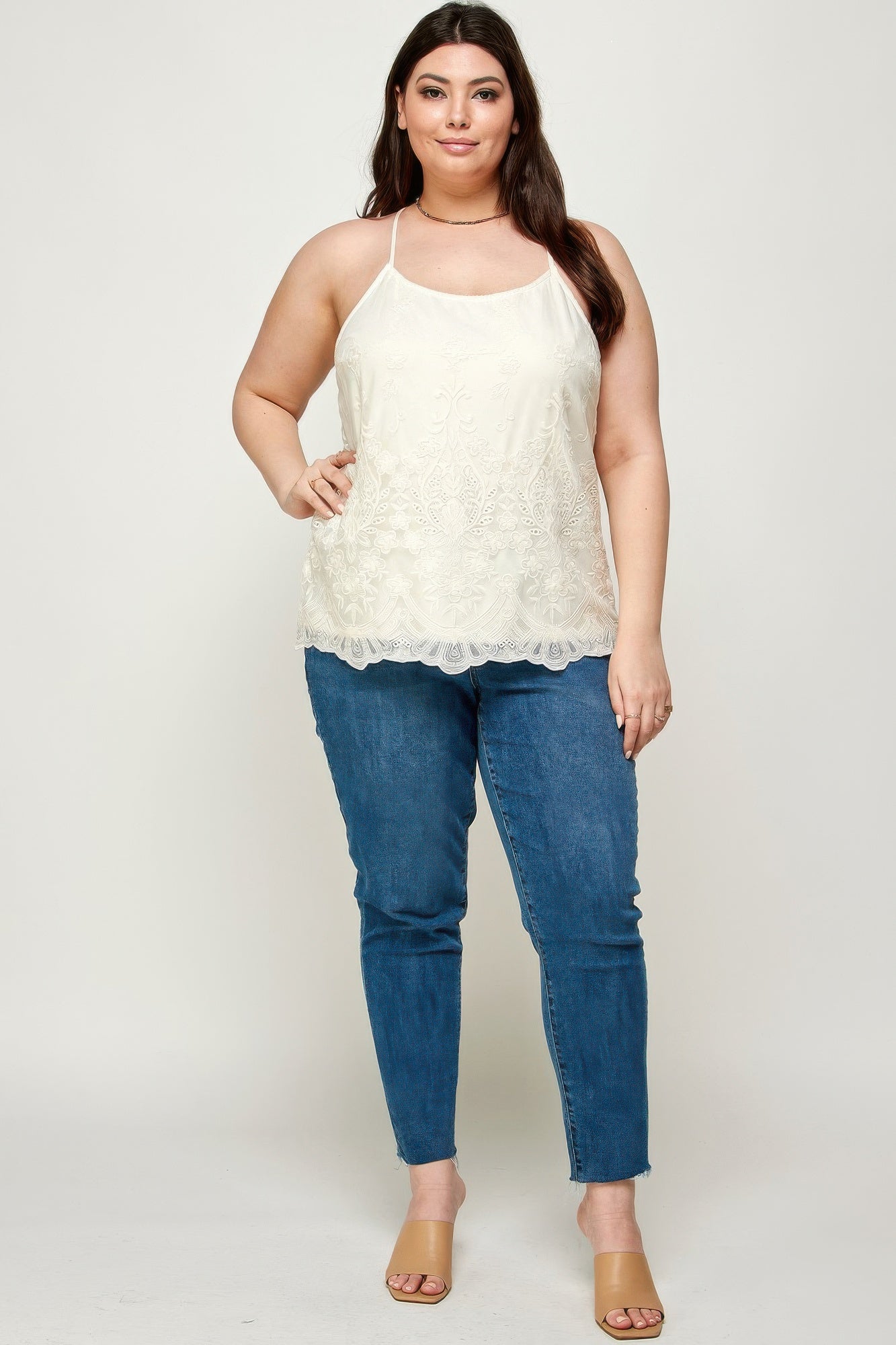 Plus Size Embroidered Mesh T-back Cami Secondary image