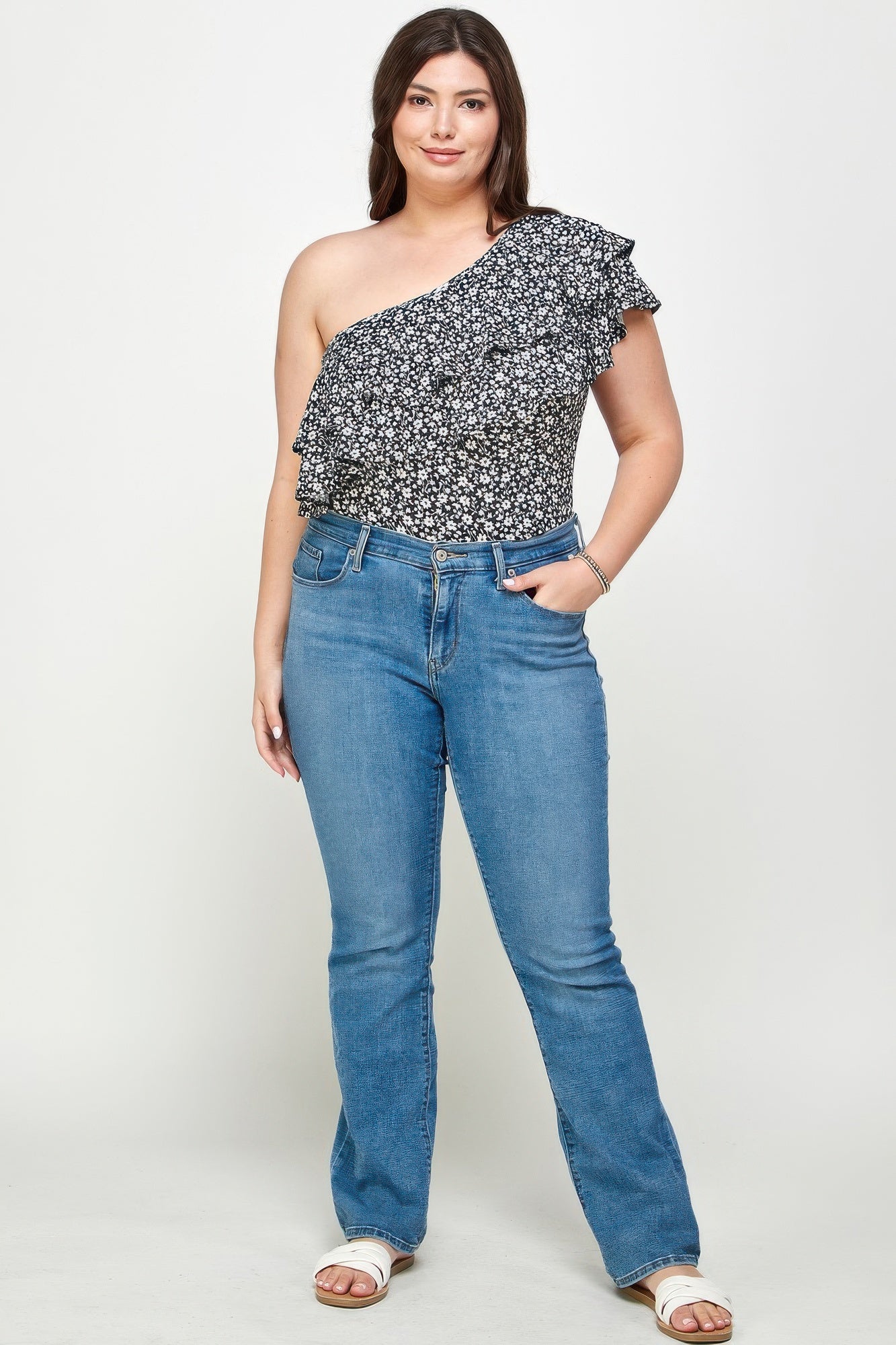 Plus Size Ditsy Floral One Shoulder Bodysuit Secondary image