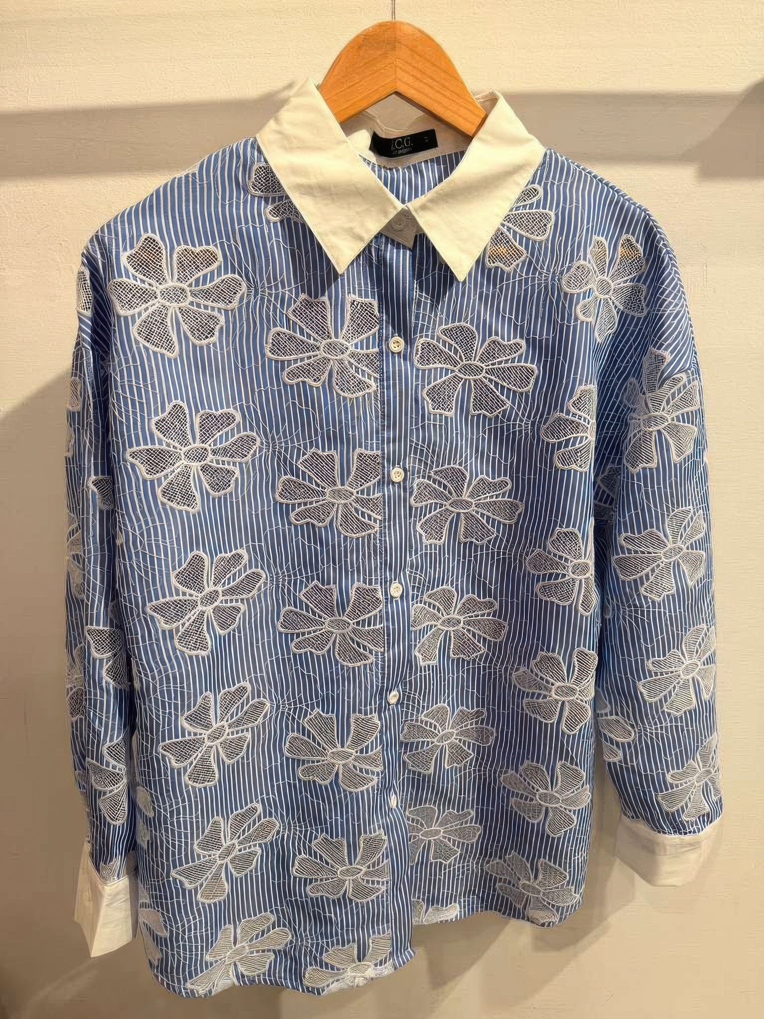 Striped Shirt Botanical Cut Out Stitching Sequin Detail Secondary image