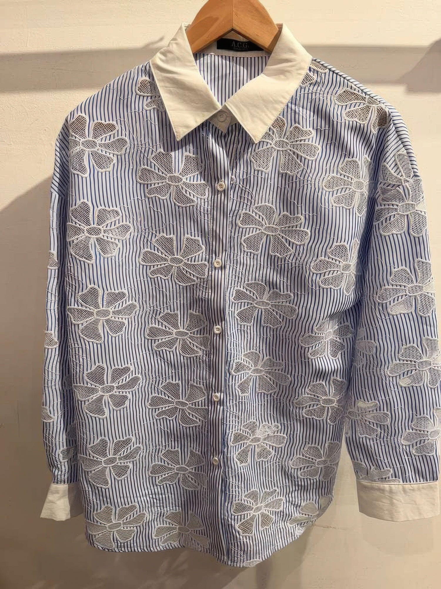 Striped Shirt Botanical Cut Out Stitching Sequin Detail Secondary image