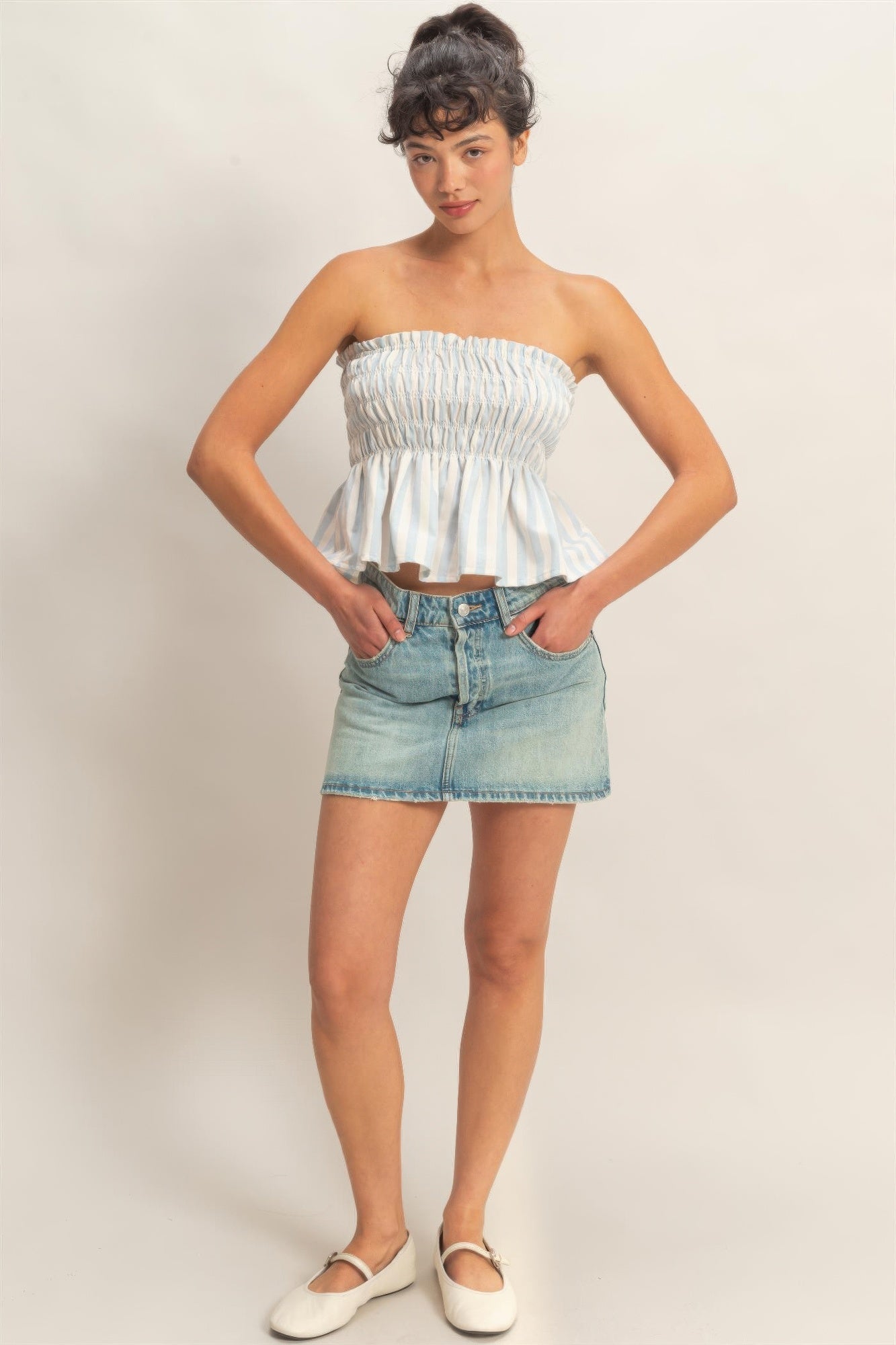 Striped Strapless Smocked Bandeau Top Secondary image