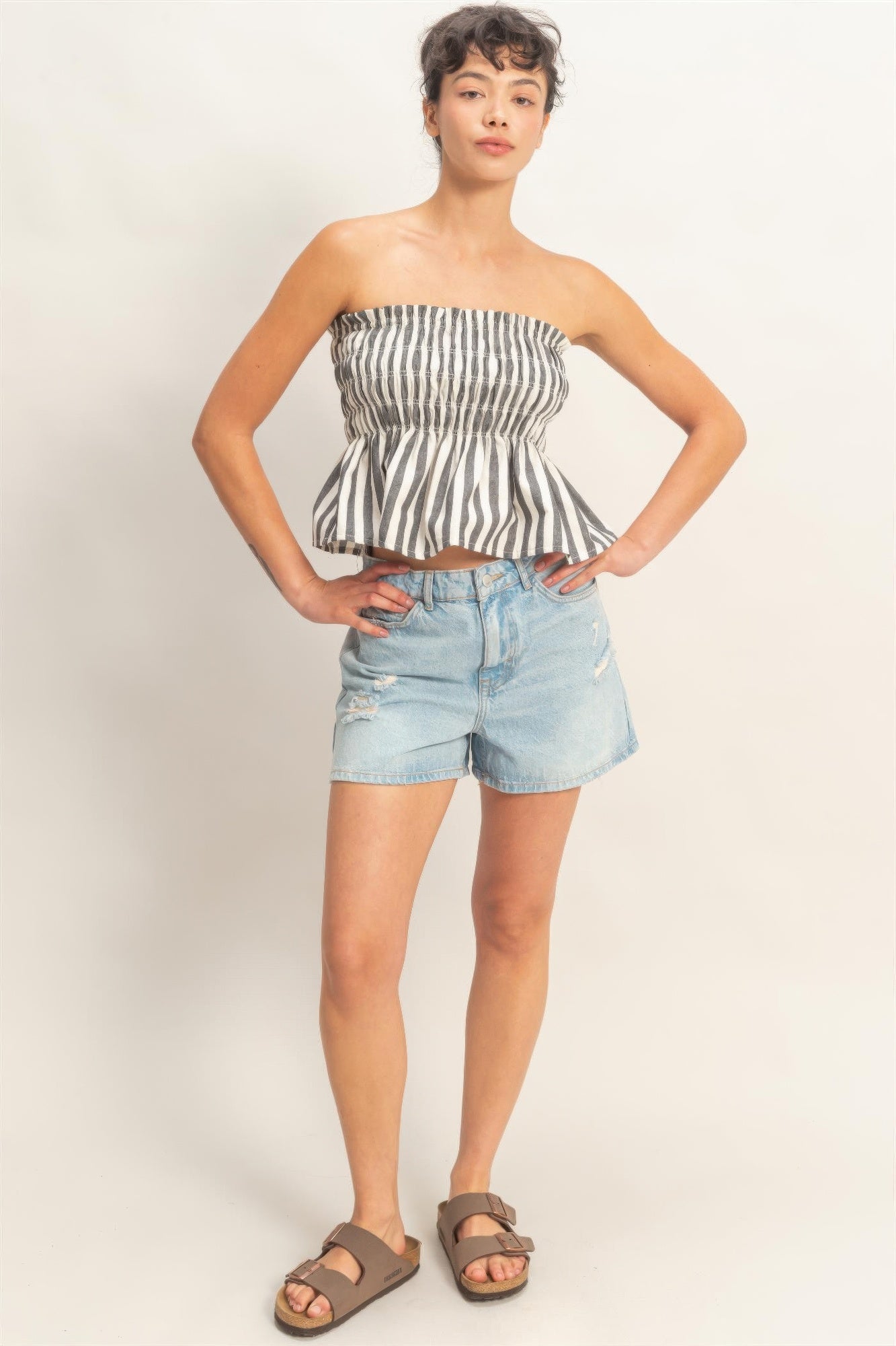 Striped Strapless Smocked Bandeau Top Secondary image