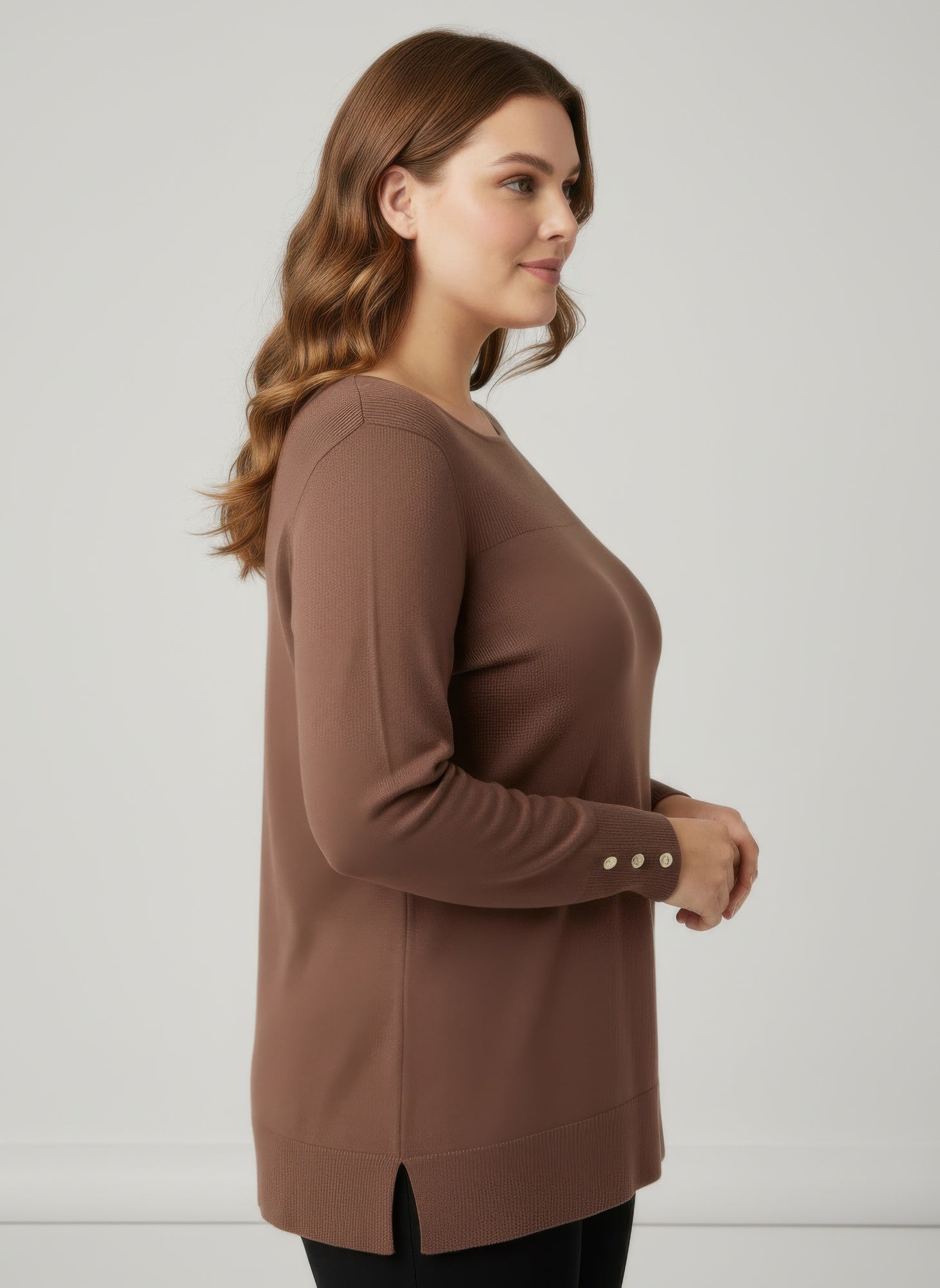 Mocha Button Cuff Ribbed Knit Tunic Top Secondary image
