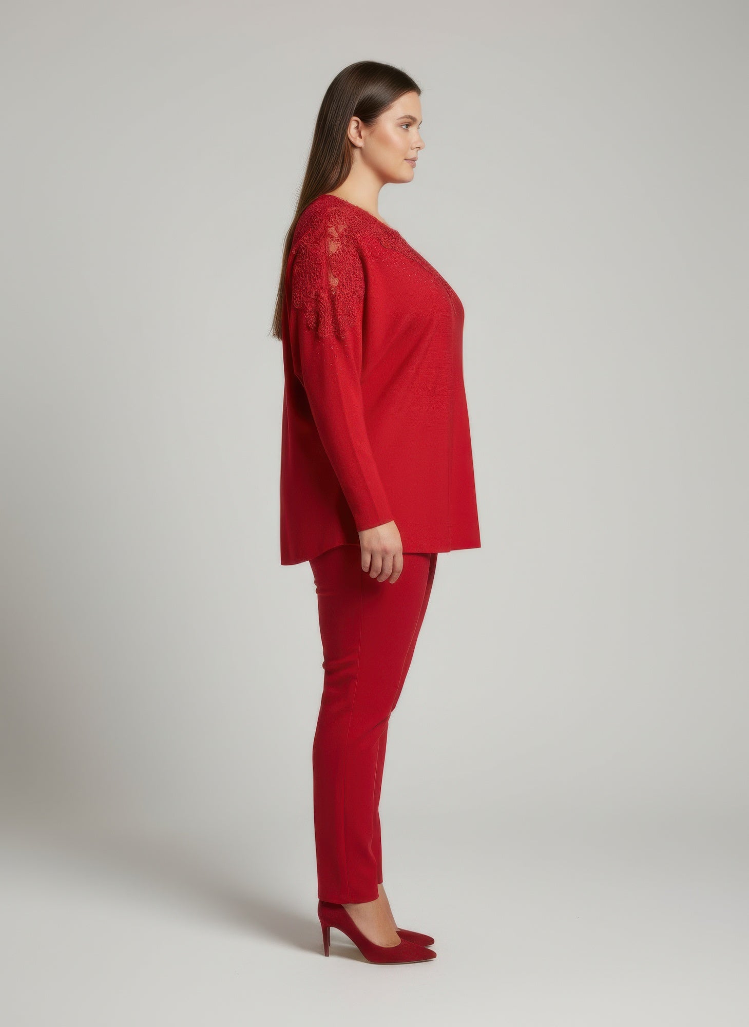 Crimson Lace Embellished Knit Tunic Top Secondary image