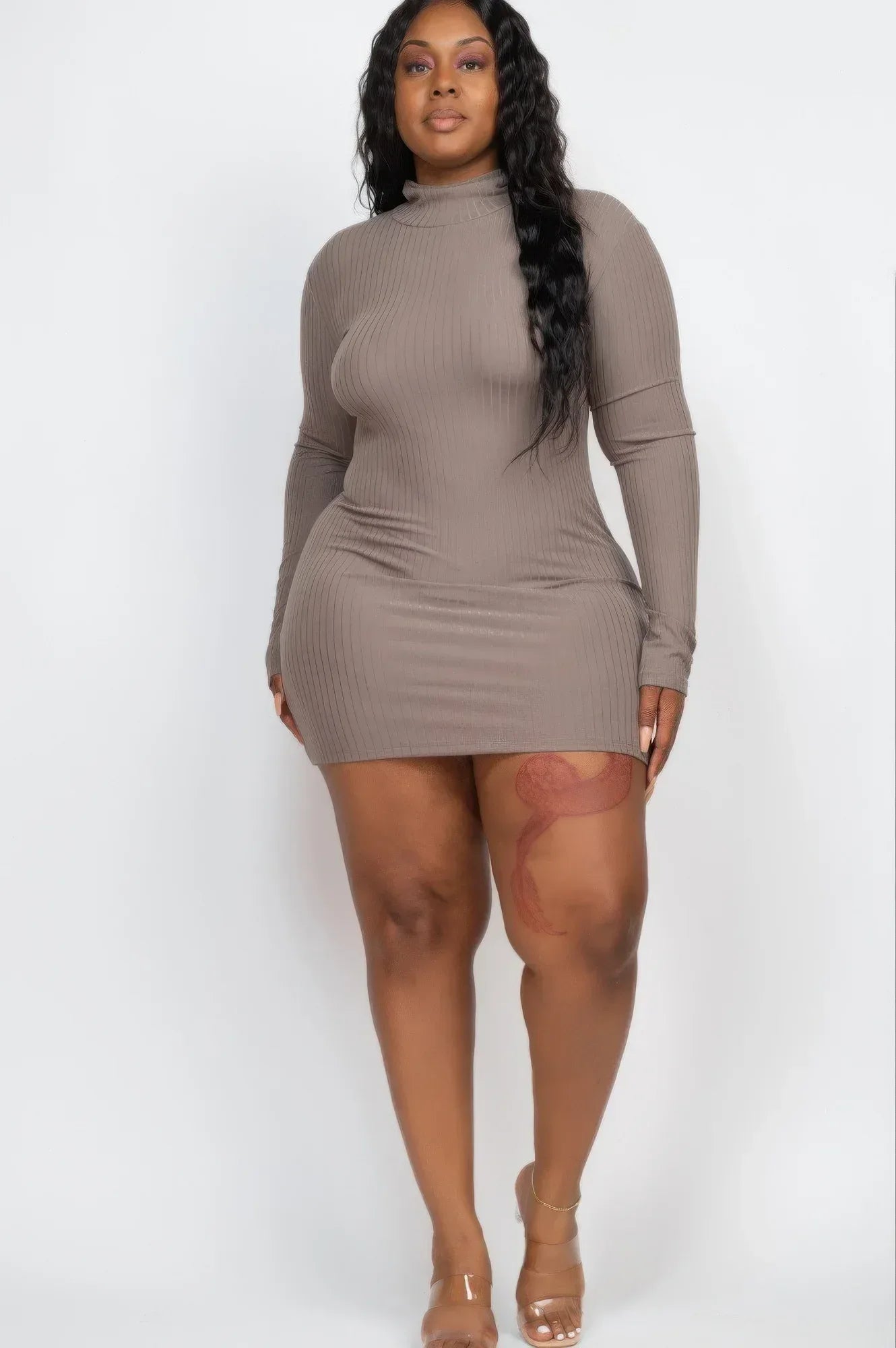 Plus Size Ribbed Long Sleeve Mock Neck Mini Bodycon Dress Secondary image