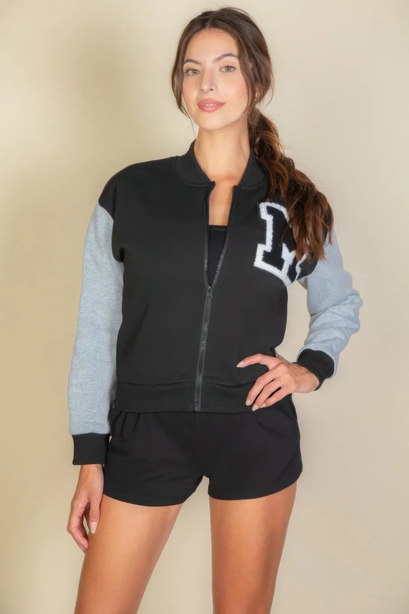 Letter Patched Striped Trim Varsity Jacket | Mixtshop LLC Main image