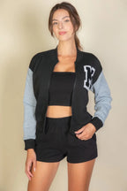Letter Patched Striped Trim Varsity Jacket | Mixtshop LLC
