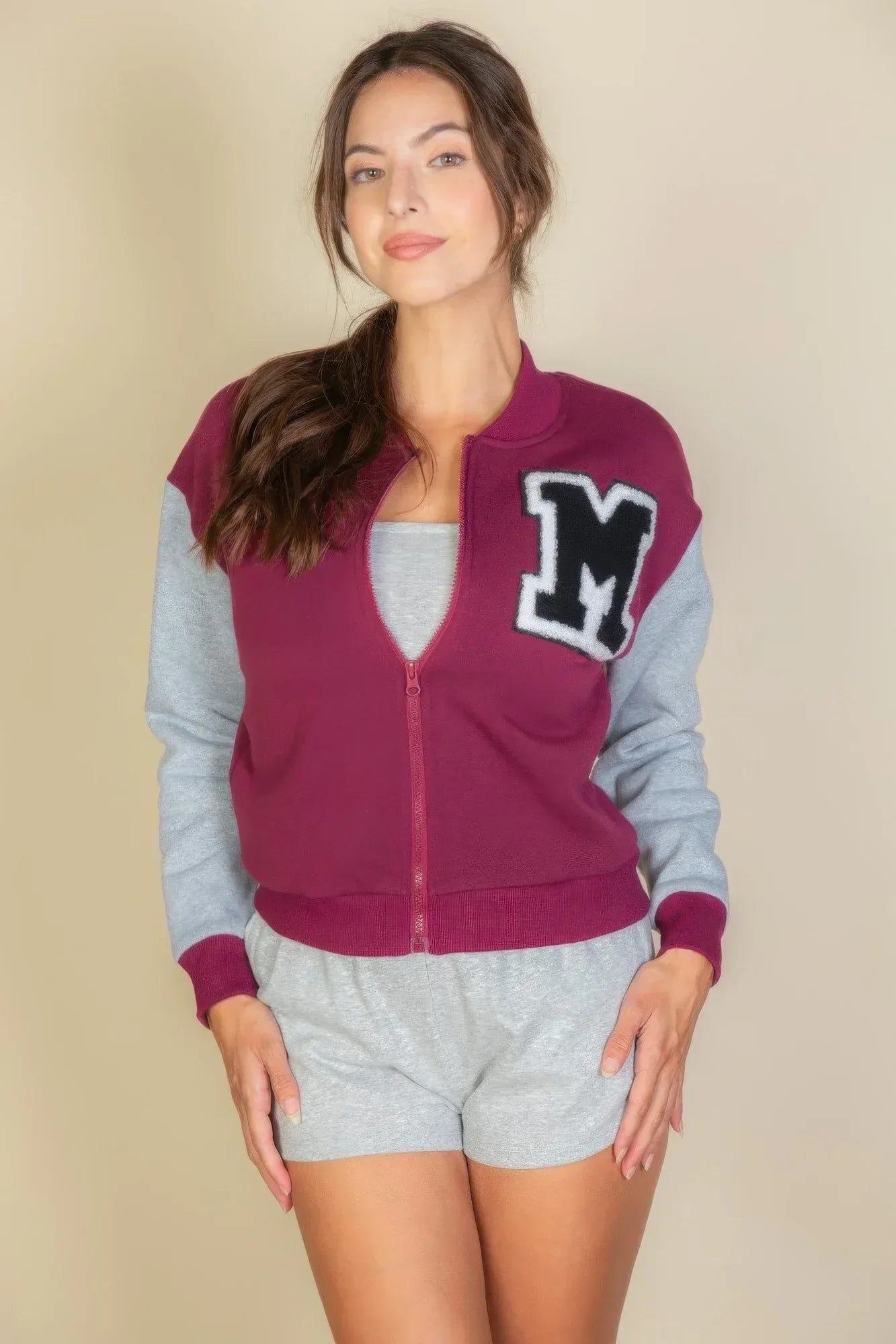 Letter Patched Striped Trim Varsity Jacket | Mixtshop LLC