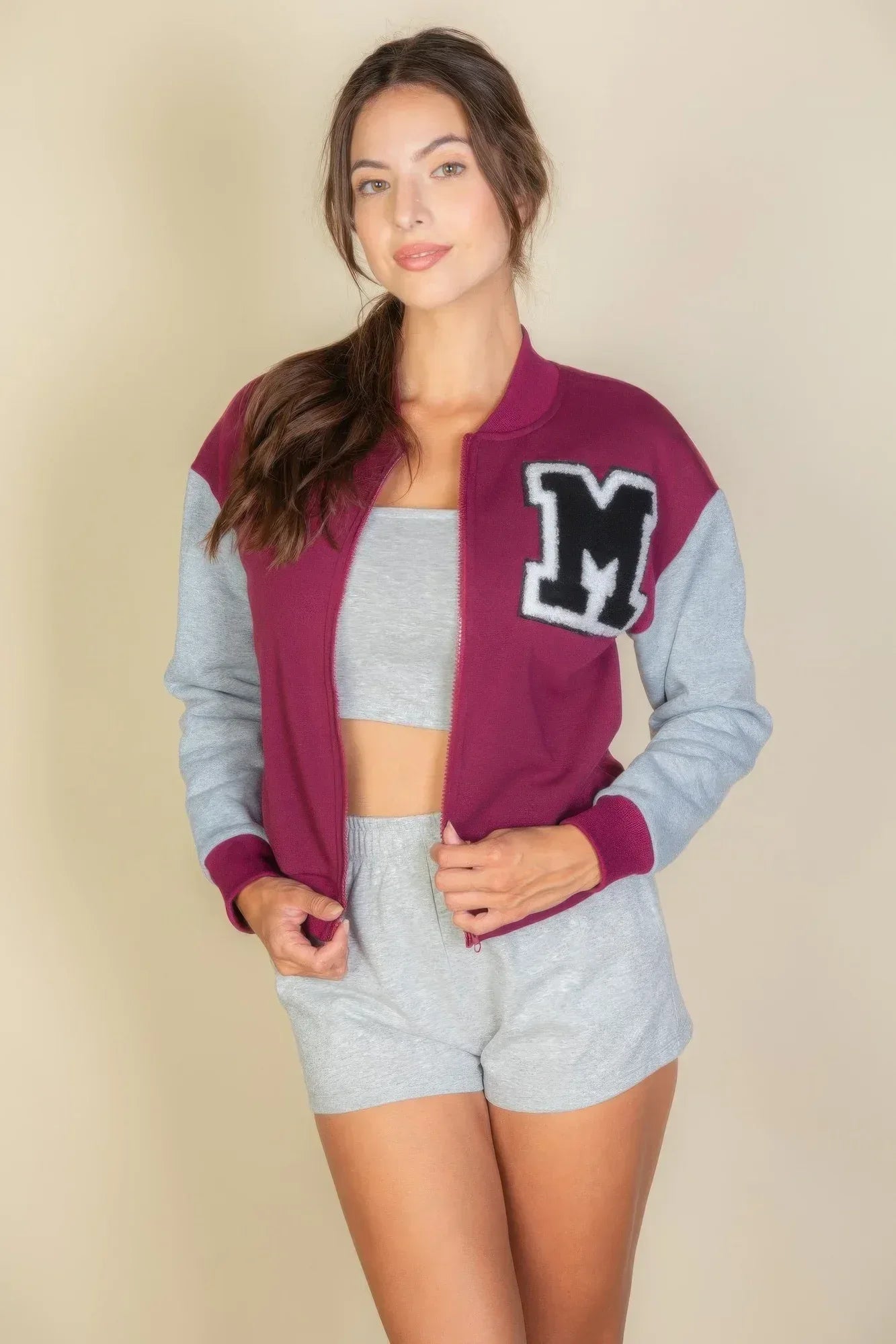 Letter Patched Striped Trim Varsity Jacket | Mixtshop LLC
