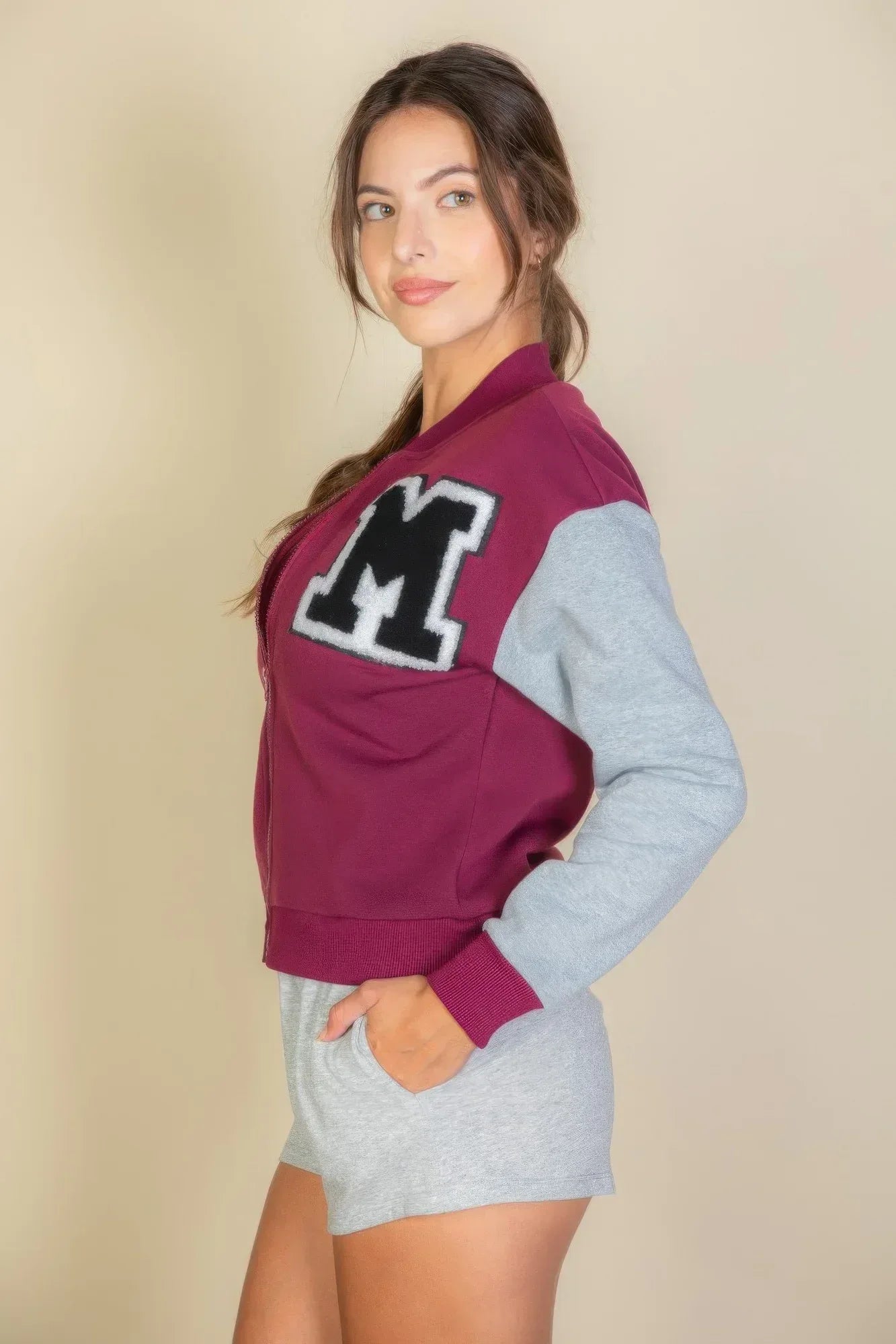Letter Patched Striped Trim Varsity Jacket | Mixtshop LLC