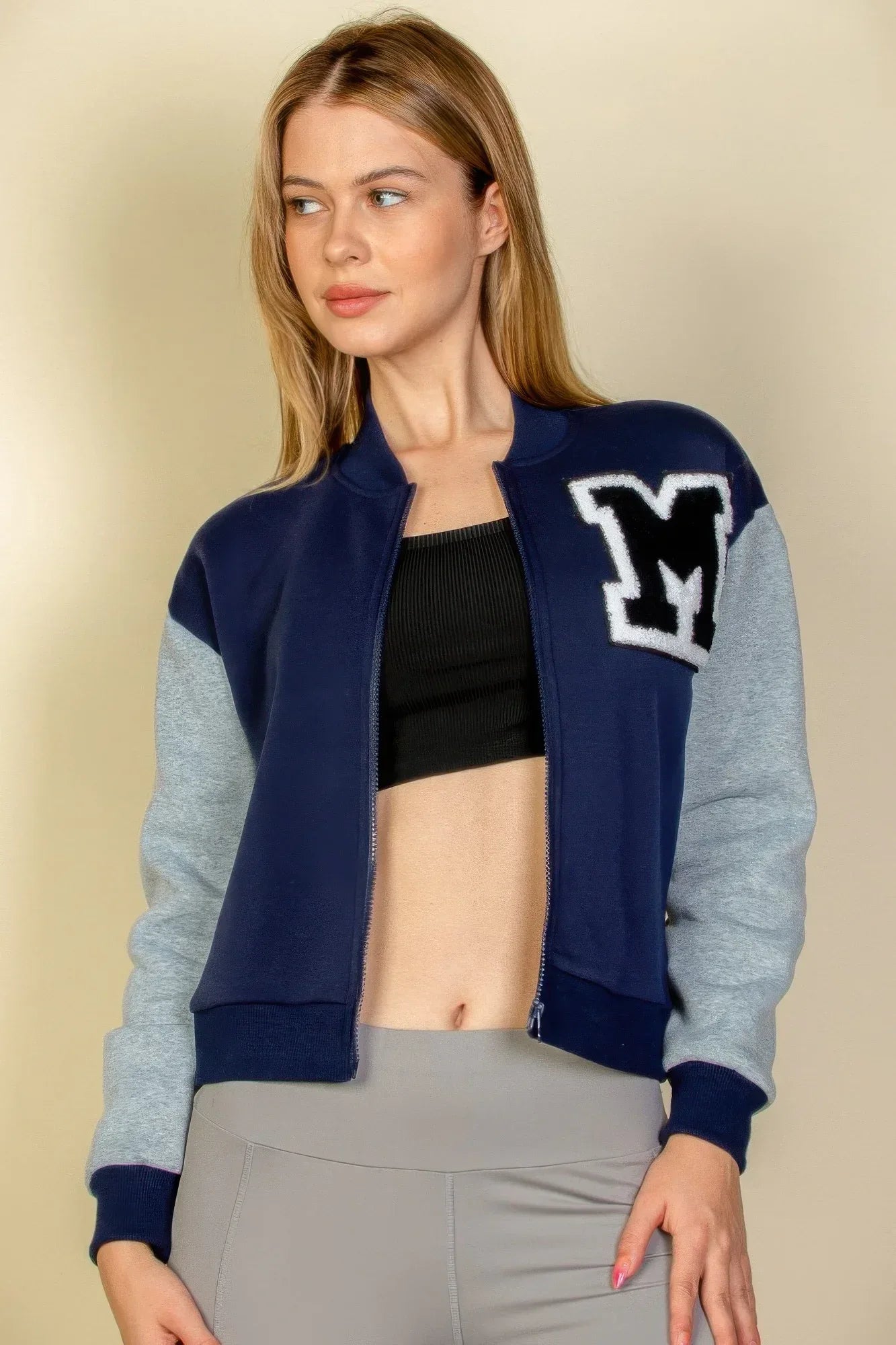 Letter Patched Striped Trim Varsity Jacket | Mixtshop LLC