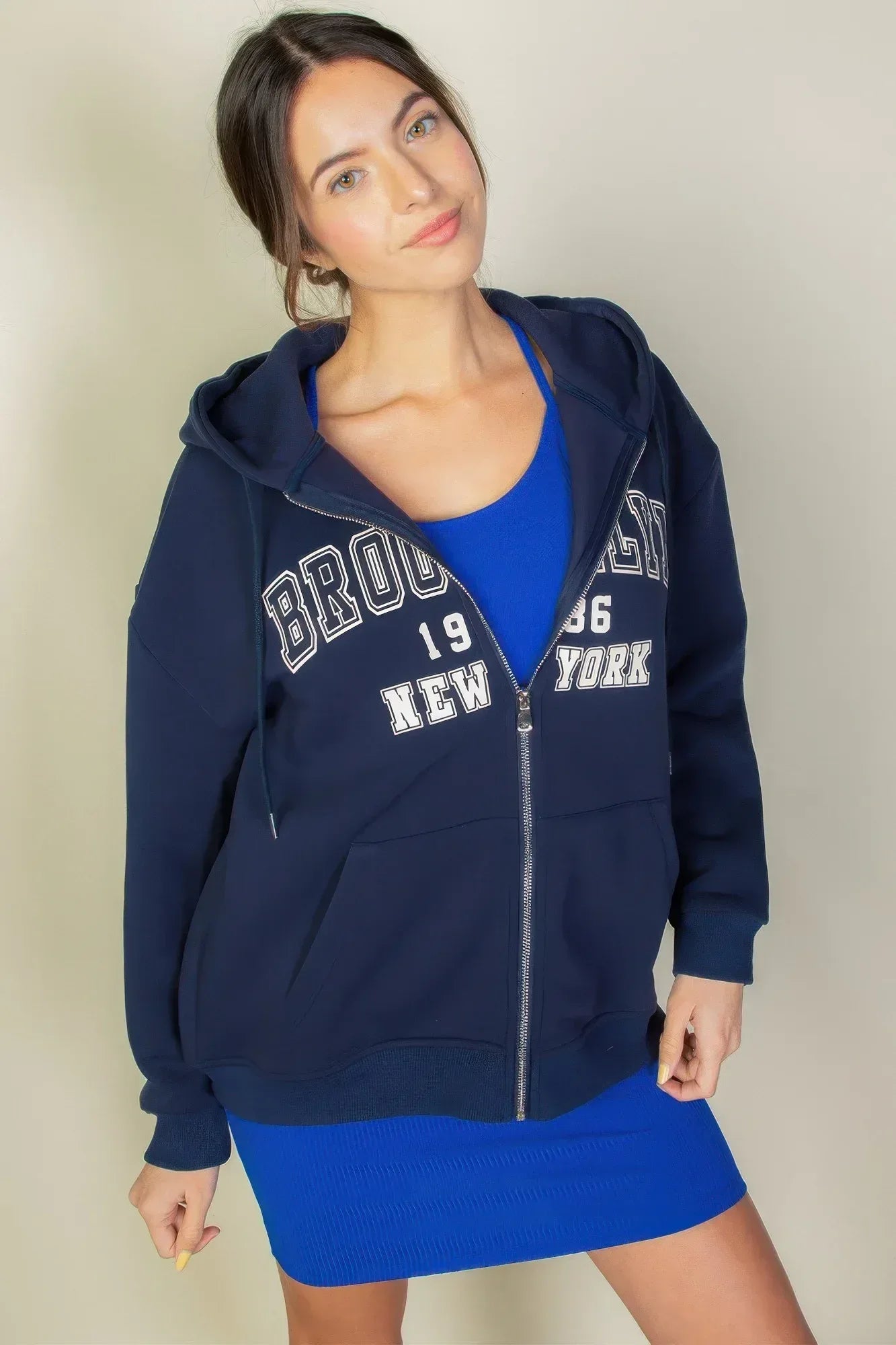 Graphic Drop Shoulder Zipper Up Hoodie | Mixtshop LLC Main image