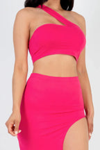 Sexy Solid One Shoulder Crop Top & Split Thigh Midi Skirt Set | Mixtshop LLC