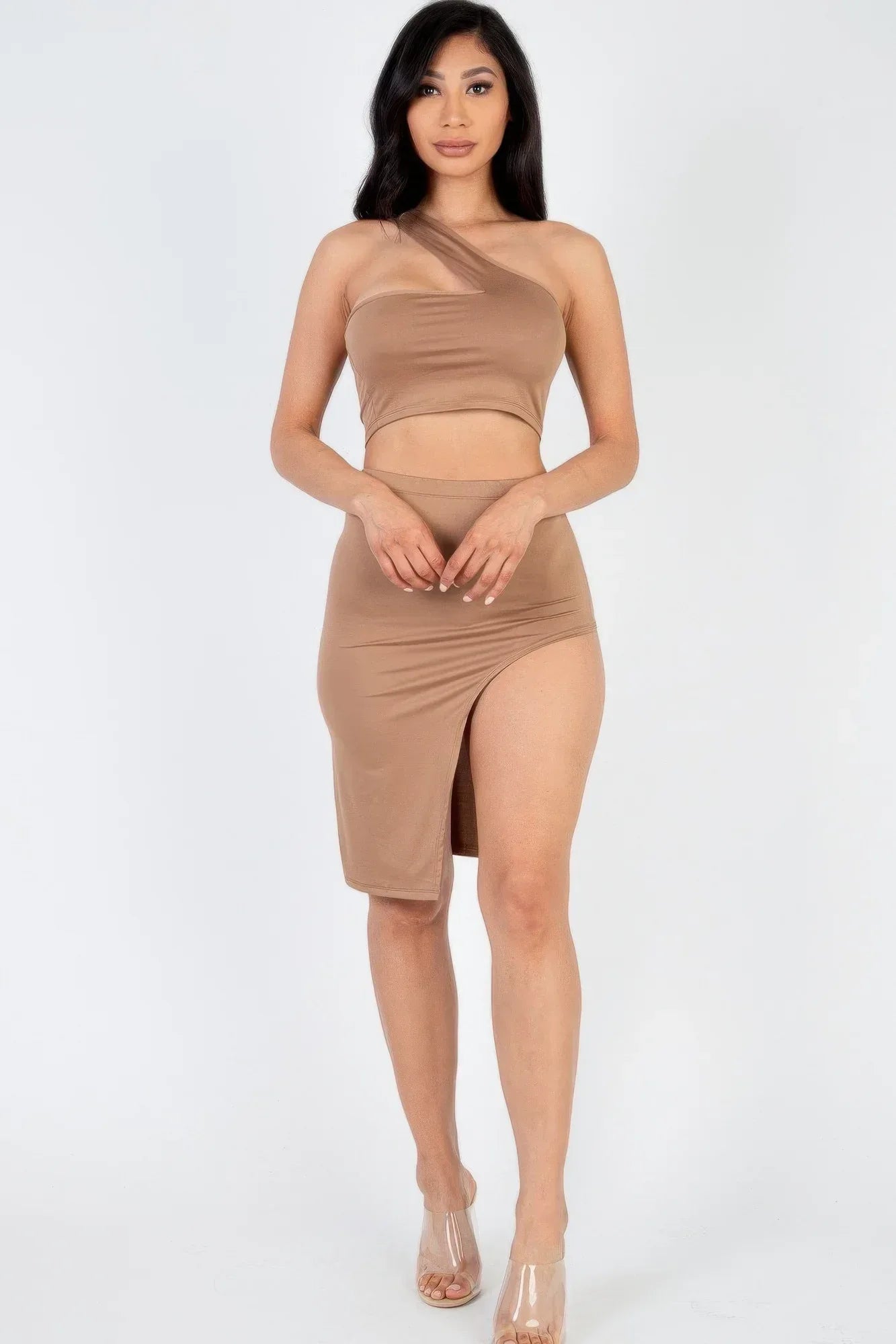 Sexy Solid One Shoulder Crop Top & Split Thigh Midi Skirt Set | Mixtshop LLC