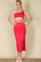 Sexy Solid Color One Shoulder Crop Top & Drawstring Ruched Crisscross Tie Back Side Slit Hem Skirt Set | Mixtshop LLC